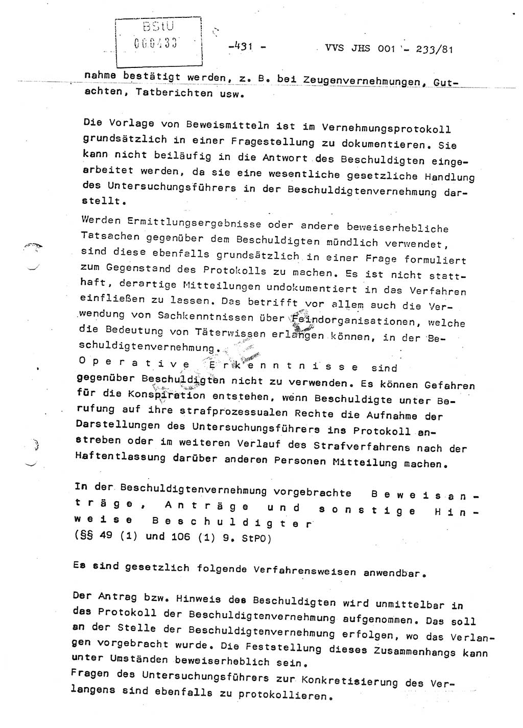 Dissertation Oberstleutnant Horst Zank (JHS), Oberstleutnant Dr. Karl-Heinz Knoblauch (JHS), Oberstleutnant Gustav-Adolf Kowalewski (HA Ⅸ), Oberstleutnant Wolfgang Plötner (HA Ⅸ), Ministerium für Staatssicherheit (MfS) [Deutsche Demokratische Republik (DDR)], Juristische Hochschule (JHS), Vertrauliche Verschlußsache (VVS) o001-233/81, Potsdam 1981, Blatt 431 (Diss. MfS DDR JHS VVS o001-233/81 1981, Bl. 431)