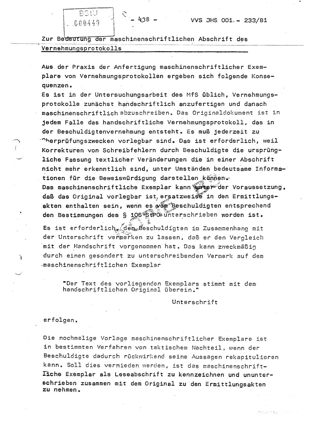 Dissertation Oberstleutnant Horst Zank (JHS), Oberstleutnant Dr. Karl-Heinz Knoblauch (JHS), Oberstleutnant Gustav-Adolf Kowalewski (HA Ⅸ), Oberstleutnant Wolfgang Plötner (HA Ⅸ), Ministerium für Staatssicherheit (MfS) [Deutsche Demokratische Republik (DDR)], Juristische Hochschule (JHS), Vertrauliche Verschlußsache (VVS) o001-233/81, Potsdam 1981, Blatt 438 (Diss. MfS DDR JHS VVS o001-233/81 1981, Bl. 438)