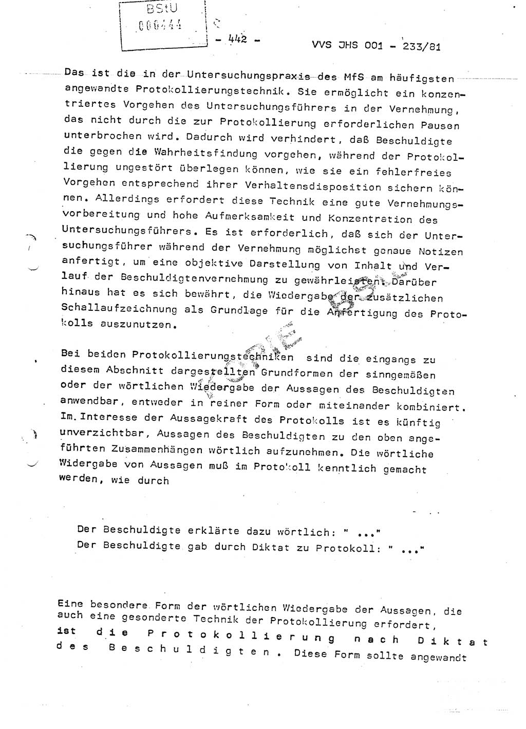 Dissertation Oberstleutnant Horst Zank (JHS), Oberstleutnant Dr. Karl-Heinz Knoblauch (JHS), Oberstleutnant Gustav-Adolf Kowalewski (HA Ⅸ), Oberstleutnant Wolfgang Plötner (HA Ⅸ), Ministerium für Staatssicherheit (MfS) [Deutsche Demokratische Republik (DDR)], Juristische Hochschule (JHS), Vertrauliche Verschlußsache (VVS) o001-233/81, Potsdam 1981, Blatt 442 (Diss. MfS DDR JHS VVS o001-233/81 1981, Bl. 442)