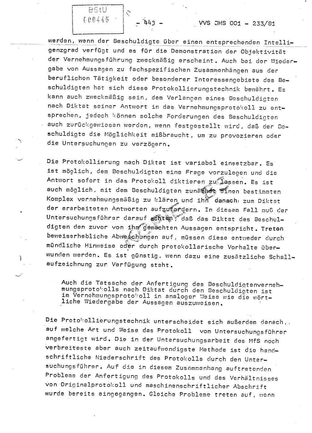 Dissertation Oberstleutnant Horst Zank (JHS), Oberstleutnant Dr. Karl-Heinz Knoblauch (JHS), Oberstleutnant Gustav-Adolf Kowalewski (HA Ⅸ), Oberstleutnant Wolfgang Plötner (HA Ⅸ), Ministerium für Staatssicherheit (MfS) [Deutsche Demokratische Republik (DDR)], Juristische Hochschule (JHS), Vertrauliche Verschlußsache (VVS) o001-233/81, Potsdam 1981, Blatt 443 (Diss. MfS DDR JHS VVS o001-233/81 1981, Bl. 443)