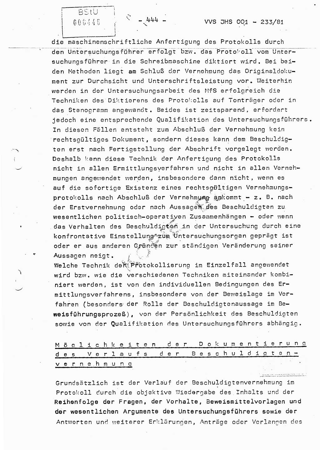 Dissertation Oberstleutnant Horst Zank (JHS), Oberstleutnant Dr. Karl-Heinz Knoblauch (JHS), Oberstleutnant Gustav-Adolf Kowalewski (HA Ⅸ), Oberstleutnant Wolfgang Plötner (HA Ⅸ), Ministerium für Staatssicherheit (MfS) [Deutsche Demokratische Republik (DDR)], Juristische Hochschule (JHS), Vertrauliche Verschlußsache (VVS) o001-233/81, Potsdam 1981, Blatt 444 (Diss. MfS DDR JHS VVS o001-233/81 1981, Bl. 444)