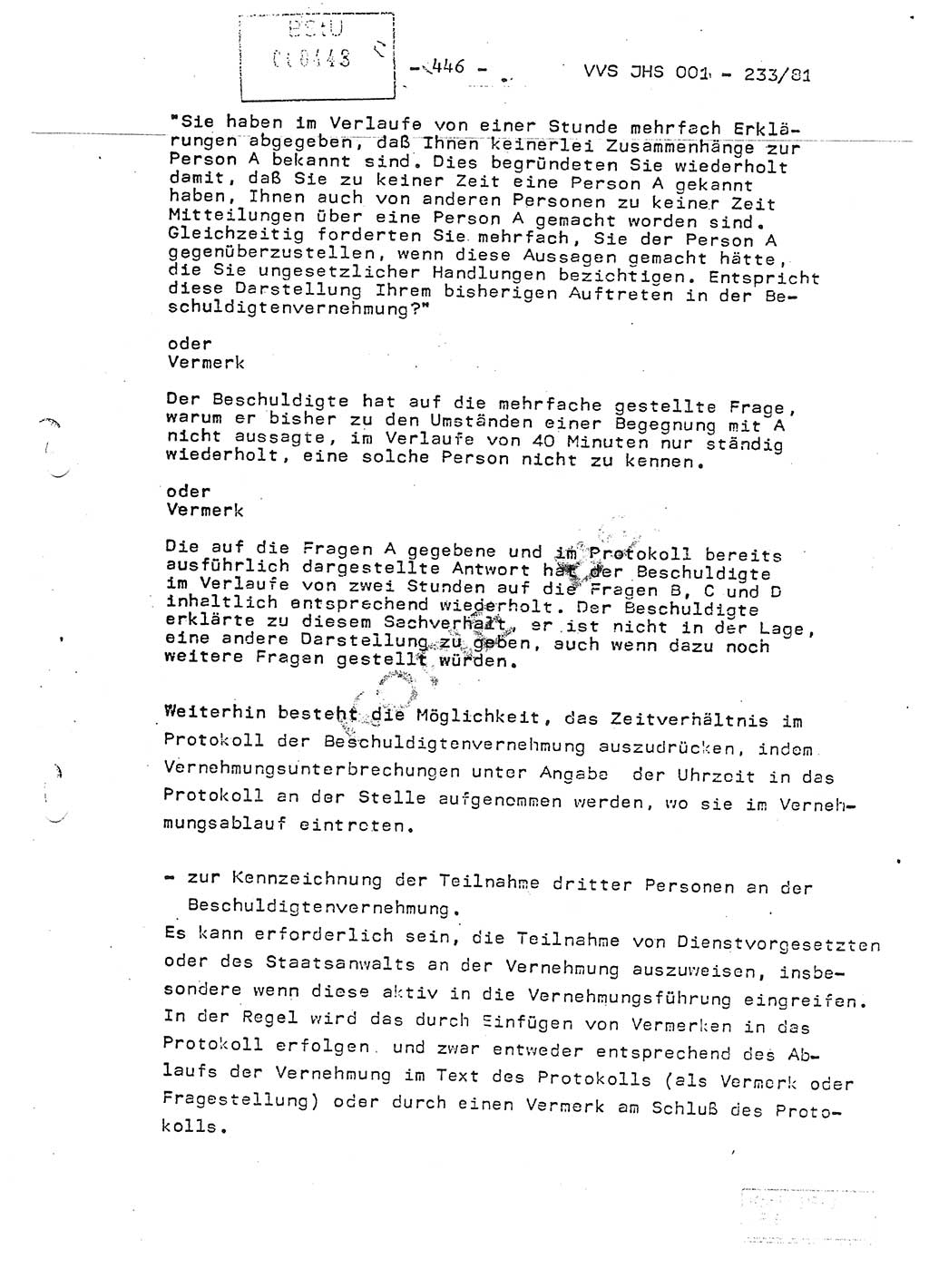 Dissertation Oberstleutnant Horst Zank (JHS), Oberstleutnant Dr. Karl-Heinz Knoblauch (JHS), Oberstleutnant Gustav-Adolf Kowalewski (HA Ⅸ), Oberstleutnant Wolfgang Plötner (HA Ⅸ), Ministerium für Staatssicherheit (MfS) [Deutsche Demokratische Republik (DDR)], Juristische Hochschule (JHS), Vertrauliche Verschlußsache (VVS) o001-233/81, Potsdam 1981, Blatt 446 (Diss. MfS DDR JHS VVS o001-233/81 1981, Bl. 446)