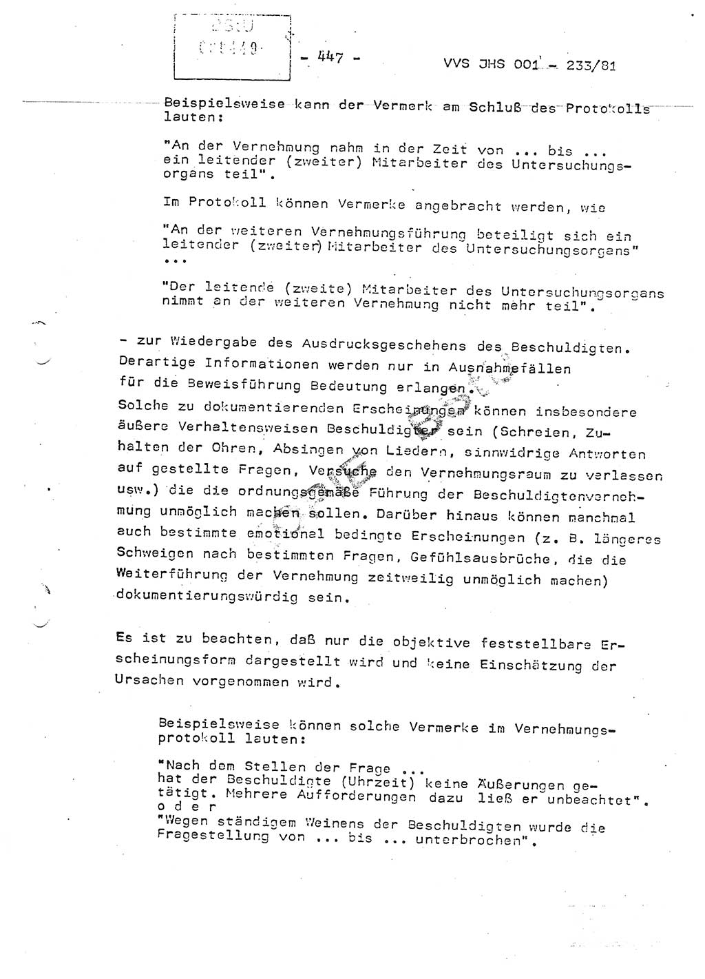 Dissertation Oberstleutnant Horst Zank (JHS), Oberstleutnant Dr. Karl-Heinz Knoblauch (JHS), Oberstleutnant Gustav-Adolf Kowalewski (HA Ⅸ), Oberstleutnant Wolfgang Plötner (HA Ⅸ), Ministerium für Staatssicherheit (MfS) [Deutsche Demokratische Republik (DDR)], Juristische Hochschule (JHS), Vertrauliche Verschlußsache (VVS) o001-233/81, Potsdam 1981, Blatt 447 (Diss. MfS DDR JHS VVS o001-233/81 1981, Bl. 447)