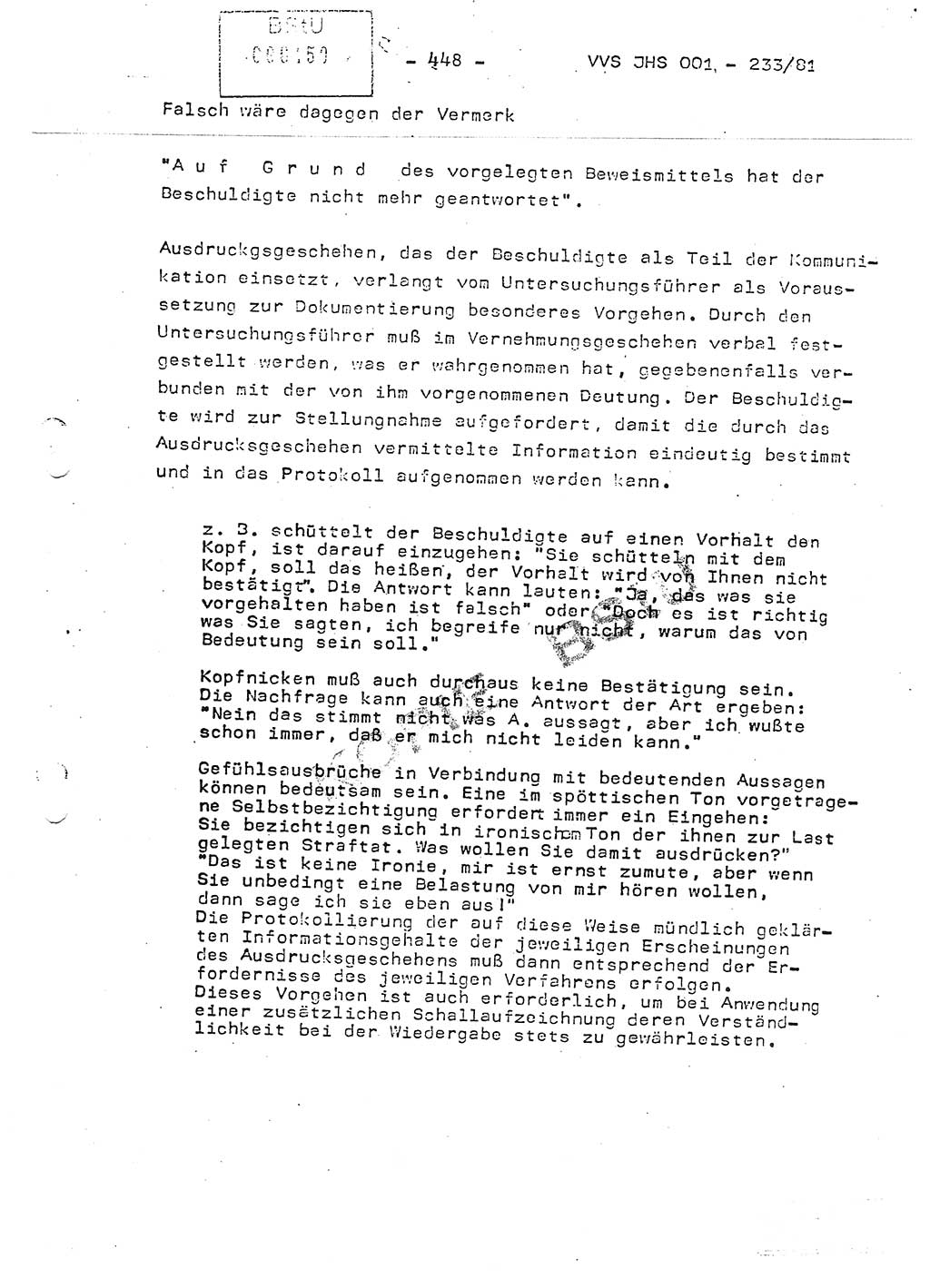 Dissertation Oberstleutnant Horst Zank (JHS), Oberstleutnant Dr. Karl-Heinz Knoblauch (JHS), Oberstleutnant Gustav-Adolf Kowalewski (HA Ⅸ), Oberstleutnant Wolfgang Plötner (HA Ⅸ), Ministerium für Staatssicherheit (MfS) [Deutsche Demokratische Republik (DDR)], Juristische Hochschule (JHS), Vertrauliche Verschlußsache (VVS) o001-233/81, Potsdam 1981, Blatt 448 (Diss. MfS DDR JHS VVS o001-233/81 1981, Bl. 448)