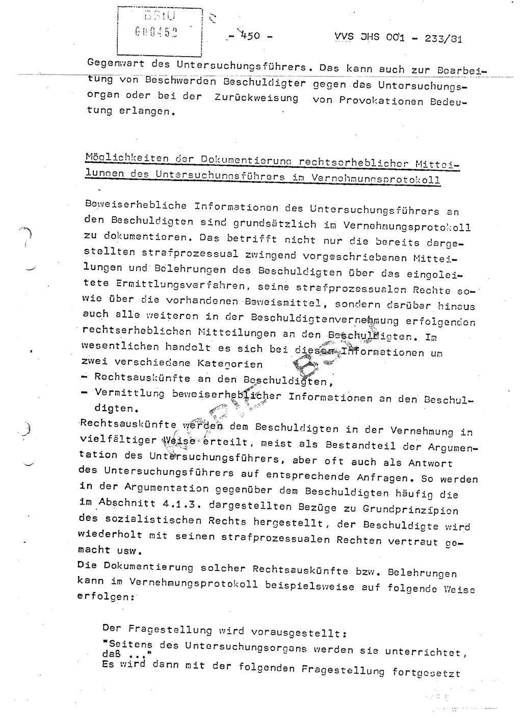 Dissertation Oberstleutnant Horst Zank (JHS), Oberstleutnant Dr. Karl-Heinz Knoblauch (JHS), Oberstleutnant Gustav-Adolf Kowalewski (HA Ⅸ), Oberstleutnant Wolfgang Plötner (HA Ⅸ), Ministerium für Staatssicherheit (MfS) [Deutsche Demokratische Republik (DDR)], Juristische Hochschule (JHS), Vertrauliche Verschlußsache (VVS) o001-233/81, Potsdam 1981, Blatt 450 (Diss. MfS DDR JHS VVS o001-233/81 1981, Bl. 450)