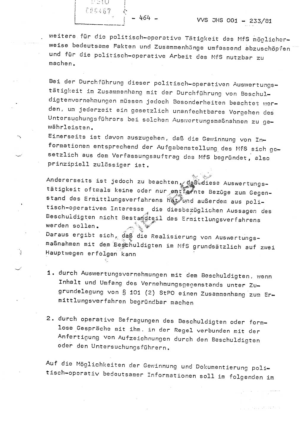 Dissertation Oberstleutnant Horst Zank (JHS), Oberstleutnant Dr. Karl-Heinz Knoblauch (JHS), Oberstleutnant Gustav-Adolf Kowalewski (HA Ⅸ), Oberstleutnant Wolfgang Plötner (HA Ⅸ), Ministerium für Staatssicherheit (MfS) [Deutsche Demokratische Republik (DDR)], Juristische Hochschule (JHS), Vertrauliche Verschlußsache (VVS) o001-233/81, Potsdam 1981, Blatt 464 (Diss. MfS DDR JHS VVS o001-233/81 1981, Bl. 464)