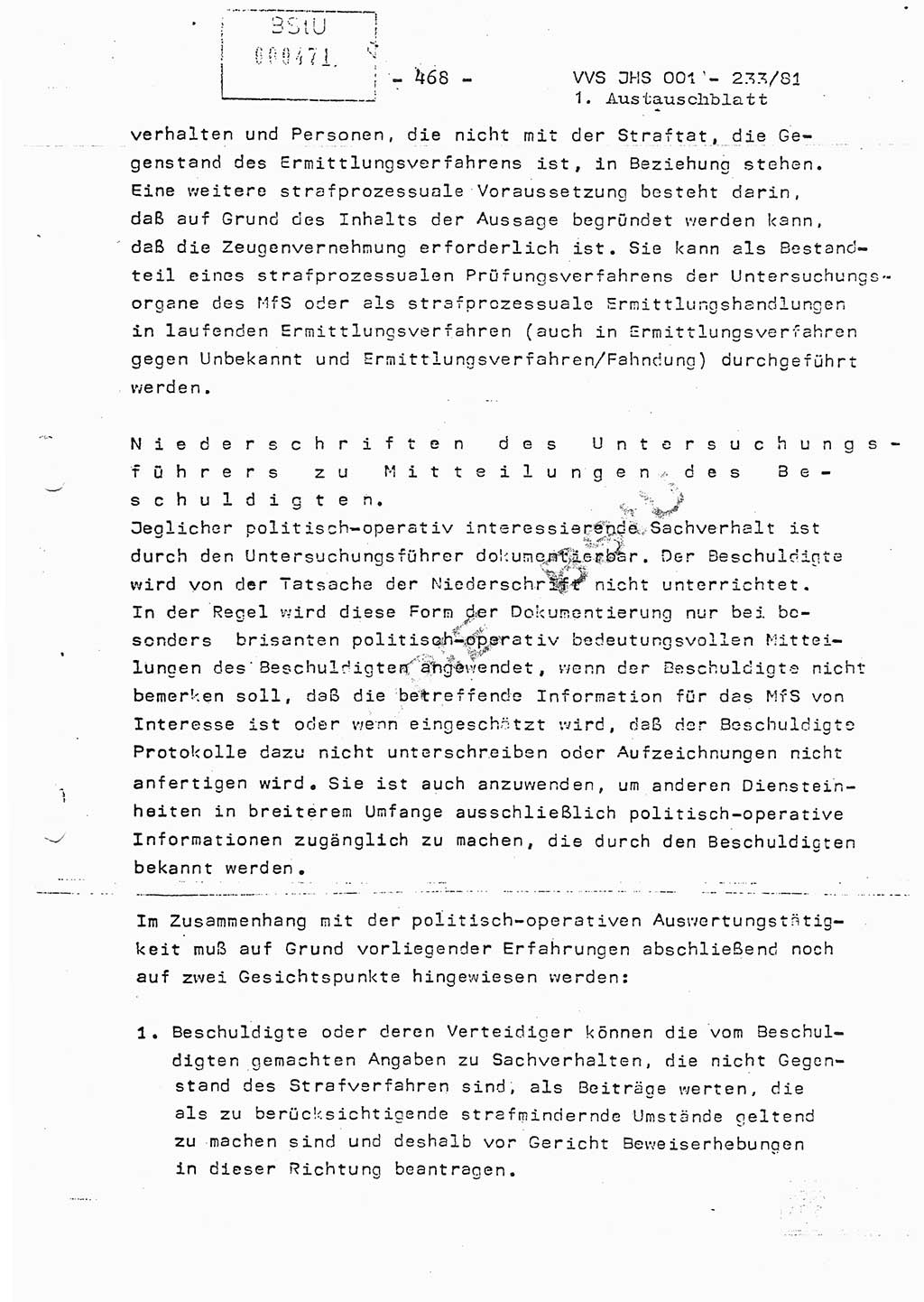 Dissertation Oberstleutnant Horst Zank (JHS), Oberstleutnant Dr. Karl-Heinz Knoblauch (JHS), Oberstleutnant Gustav-Adolf Kowalewski (HA Ⅸ), Oberstleutnant Wolfgang Plötner (HA Ⅸ), Ministerium für Staatssicherheit (MfS) [Deutsche Demokratische Republik (DDR)], Juristische Hochschule (JHS), Vertrauliche Verschlußsache (VVS) o001-233/81, Potsdam 1981, Blatt 468 (Diss. MfS DDR JHS VVS o001-233/81 1981, Bl. 468)