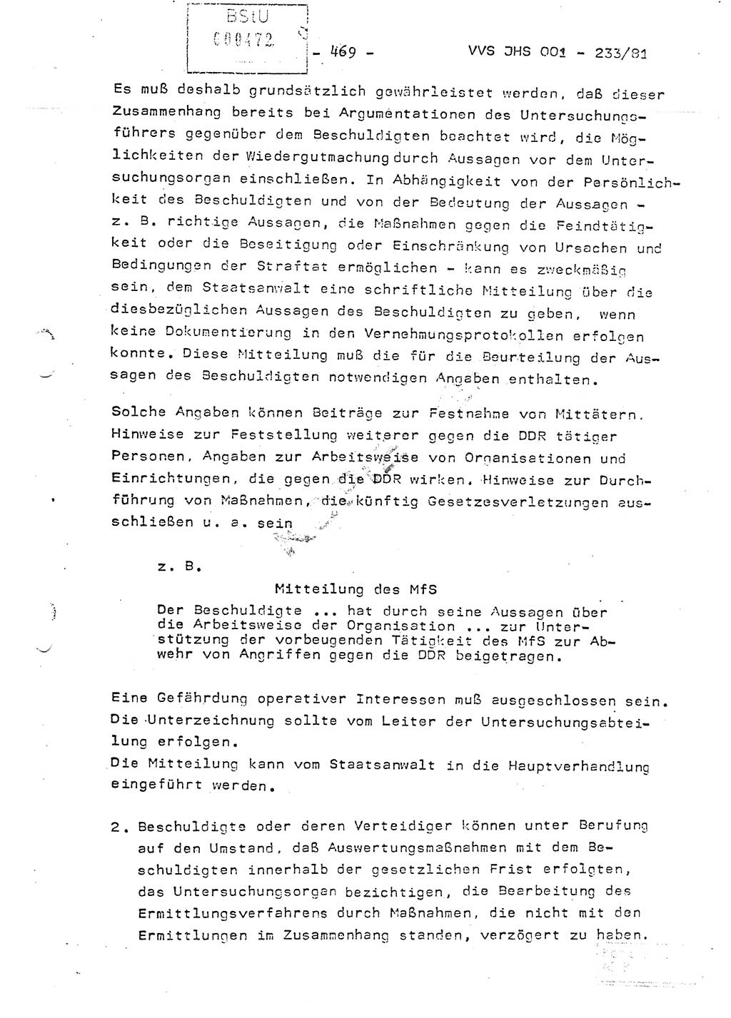 Dissertation Oberstleutnant Horst Zank (JHS), Oberstleutnant Dr. Karl-Heinz Knoblauch (JHS), Oberstleutnant Gustav-Adolf Kowalewski (HA Ⅸ), Oberstleutnant Wolfgang Plötner (HA Ⅸ), Ministerium für Staatssicherheit (MfS) [Deutsche Demokratische Republik (DDR)], Juristische Hochschule (JHS), Vertrauliche Verschlußsache (VVS) o001-233/81, Potsdam 1981, Blatt 469 (Diss. MfS DDR JHS VVS o001-233/81 1981, Bl. 469)
