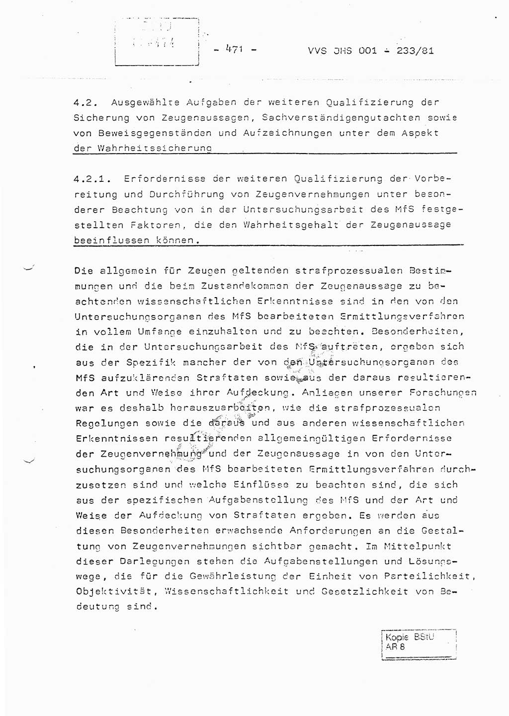 Dissertation Oberstleutnant Horst Zank (JHS), Oberstleutnant Dr. Karl-Heinz Knoblauch (JHS), Oberstleutnant Gustav-Adolf Kowalewski (HA Ⅸ), Oberstleutnant Wolfgang Plötner (HA Ⅸ), Ministerium für Staatssicherheit (MfS) [Deutsche Demokratische Republik (DDR)], Juristische Hochschule (JHS), Vertrauliche Verschlußsache (VVS) o001-233/81, Potsdam 1981, Blatt 471 (Diss. MfS DDR JHS VVS o001-233/81 1981, Bl. 471)