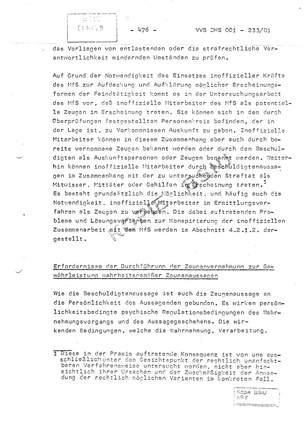 Dissertation Oberstleutnant Horst Zank (JHS), Oberstleutnant Dr. Karl-Heinz Knoblauch (JHS), Oberstleutnant Gustav-Adolf Kowalewski (HA Ⅸ), Oberstleutnant Wolfgang Plötner (HA Ⅸ), Ministerium für Staatssicherheit (MfS) [Deutsche Demokratische Republik (DDR)], Juristische Hochschule (JHS), Vertrauliche Verschlußsache (VVS) o001-233/81, Potsdam 1981, Blatt 476 (Diss. MfS DDR JHS VVS o001-233/81 1981, Bl. 476)
