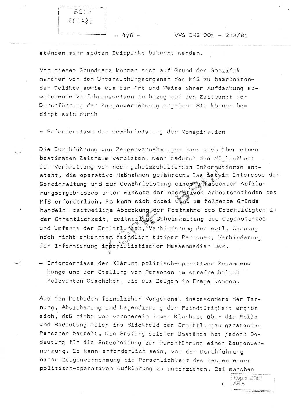 Dissertation Oberstleutnant Horst Zank (JHS), Oberstleutnant Dr. Karl-Heinz Knoblauch (JHS), Oberstleutnant Gustav-Adolf Kowalewski (HA Ⅸ), Oberstleutnant Wolfgang Plötner (HA Ⅸ), Ministerium für Staatssicherheit (MfS) [Deutsche Demokratische Republik (DDR)], Juristische Hochschule (JHS), Vertrauliche Verschlußsache (VVS) o001-233/81, Potsdam 1981, Blatt 478 (Diss. MfS DDR JHS VVS o001-233/81 1981, Bl. 478)