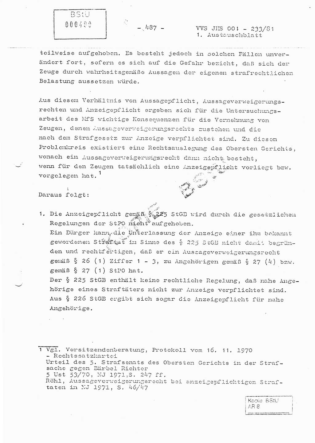 Dissertation Oberstleutnant Horst Zank (JHS), Oberstleutnant Dr. Karl-Heinz Knoblauch (JHS), Oberstleutnant Gustav-Adolf Kowalewski (HA Ⅸ), Oberstleutnant Wolfgang Plötner (HA Ⅸ), Ministerium für Staatssicherheit (MfS) [Deutsche Demokratische Republik (DDR)], Juristische Hochschule (JHS), Vertrauliche Verschlußsache (VVS) o001-233/81, Potsdam 1981, Blatt 487 (Diss. MfS DDR JHS VVS o001-233/81 1981, Bl. 487)