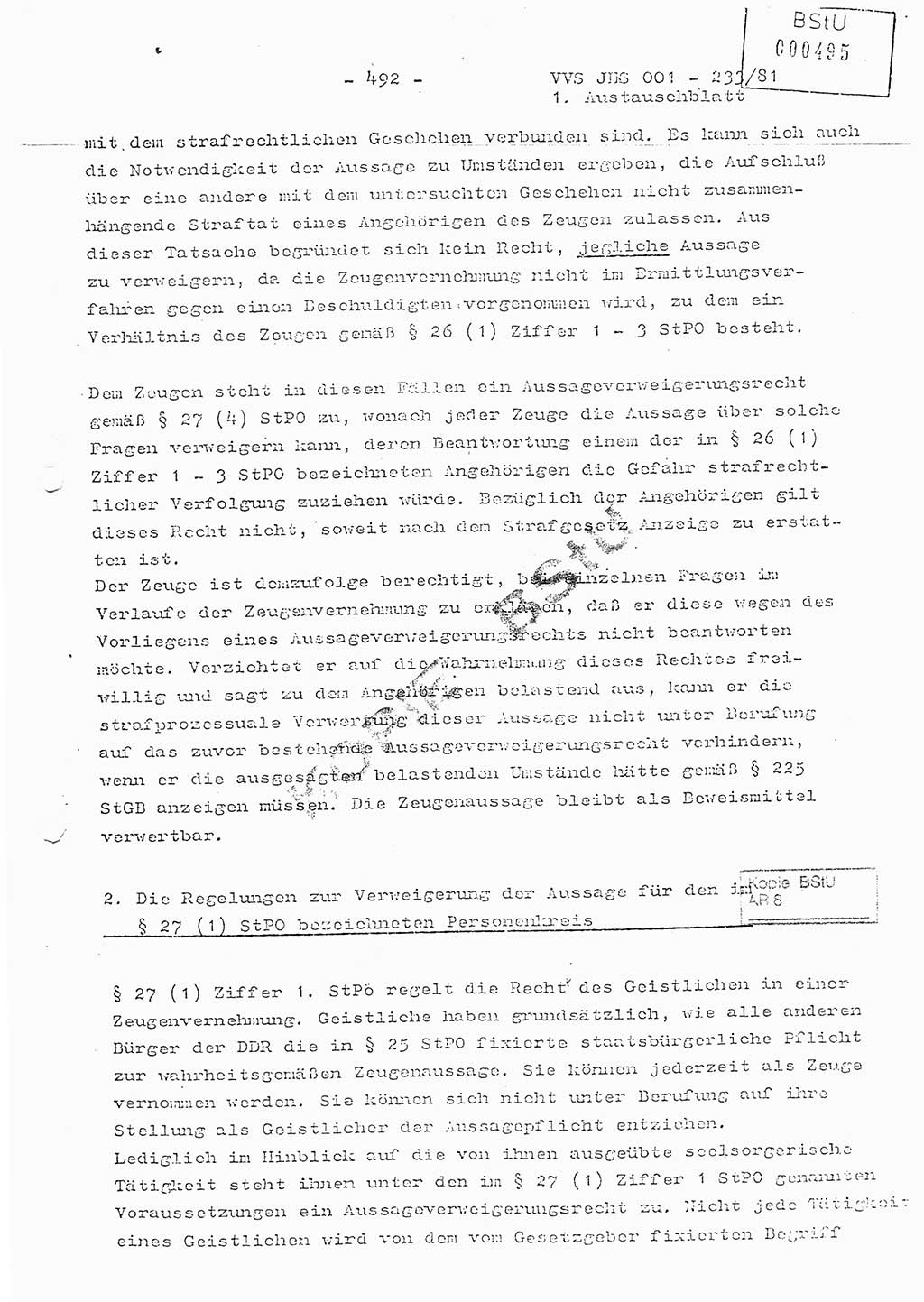 Dissertation Oberstleutnant Horst Zank (JHS), Oberstleutnant Dr. Karl-Heinz Knoblauch (JHS), Oberstleutnant Gustav-Adolf Kowalewski (HA Ⅸ), Oberstleutnant Wolfgang Plötner (HA Ⅸ), Ministerium für Staatssicherheit (MfS) [Deutsche Demokratische Republik (DDR)], Juristische Hochschule (JHS), Vertrauliche Verschlußsache (VVS) o001-233/81, Potsdam 1981, Blatt 492 (Diss. MfS DDR JHS VVS o001-233/81 1981, Bl. 492)