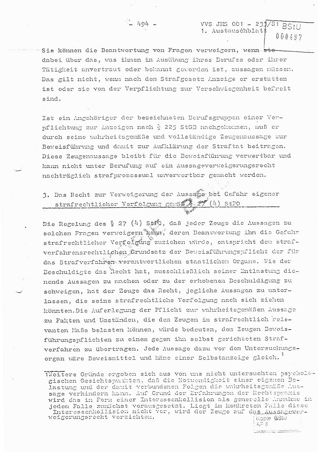 Dissertation Oberstleutnant Horst Zank (JHS), Oberstleutnant Dr. Karl-Heinz Knoblauch (JHS), Oberstleutnant Gustav-Adolf Kowalewski (HA Ⅸ), Oberstleutnant Wolfgang Plötner (HA Ⅸ), Ministerium für Staatssicherheit (MfS) [Deutsche Demokratische Republik (DDR)], Juristische Hochschule (JHS), Vertrauliche Verschlußsache (VVS) o001-233/81, Potsdam 1981, Blatt 494 (Diss. MfS DDR JHS VVS o001-233/81 1981, Bl. 494)