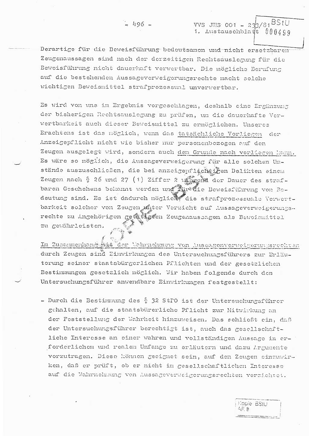 Dissertation Oberstleutnant Horst Zank (JHS), Oberstleutnant Dr. Karl-Heinz Knoblauch (JHS), Oberstleutnant Gustav-Adolf Kowalewski (HA Ⅸ), Oberstleutnant Wolfgang Plötner (HA Ⅸ), Ministerium für Staatssicherheit (MfS) [Deutsche Demokratische Republik (DDR)], Juristische Hochschule (JHS), Vertrauliche Verschlußsache (VVS) o001-233/81, Potsdam 1981, Blatt 496 (Diss. MfS DDR JHS VVS o001-233/81 1981, Bl. 496)