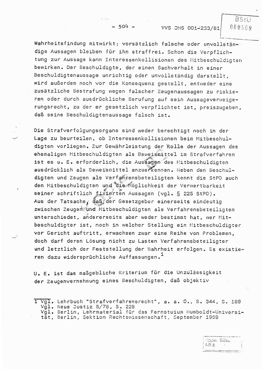 Dissertation Oberstleutnant Horst Zank (JHS), Oberstleutnant Dr. Karl-Heinz Knoblauch (JHS), Oberstleutnant Gustav-Adolf Kowalewski (HA Ⅸ), Oberstleutnant Wolfgang Plötner (HA Ⅸ), Ministerium für Staatssicherheit (MfS) [Deutsche Demokratische Republik (DDR)], Juristische Hochschule (JHS), Vertrauliche Verschlußsache (VVS) o001-233/81, Potsdam 1981, Blatt 504 (Diss. MfS DDR JHS VVS o001-233/81 1981, Bl. 504)