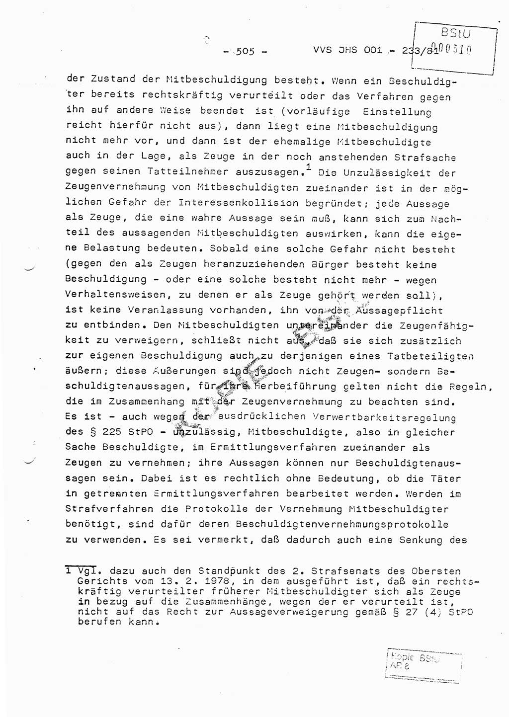 Dissertation Oberstleutnant Horst Zank (JHS), Oberstleutnant Dr. Karl-Heinz Knoblauch (JHS), Oberstleutnant Gustav-Adolf Kowalewski (HA Ⅸ), Oberstleutnant Wolfgang Plötner (HA Ⅸ), Ministerium für Staatssicherheit (MfS) [Deutsche Demokratische Republik (DDR)], Juristische Hochschule (JHS), Vertrauliche Verschlußsache (VVS) o001-233/81, Potsdam 1981, Blatt 505 (Diss. MfS DDR JHS VVS o001-233/81 1981, Bl. 505)