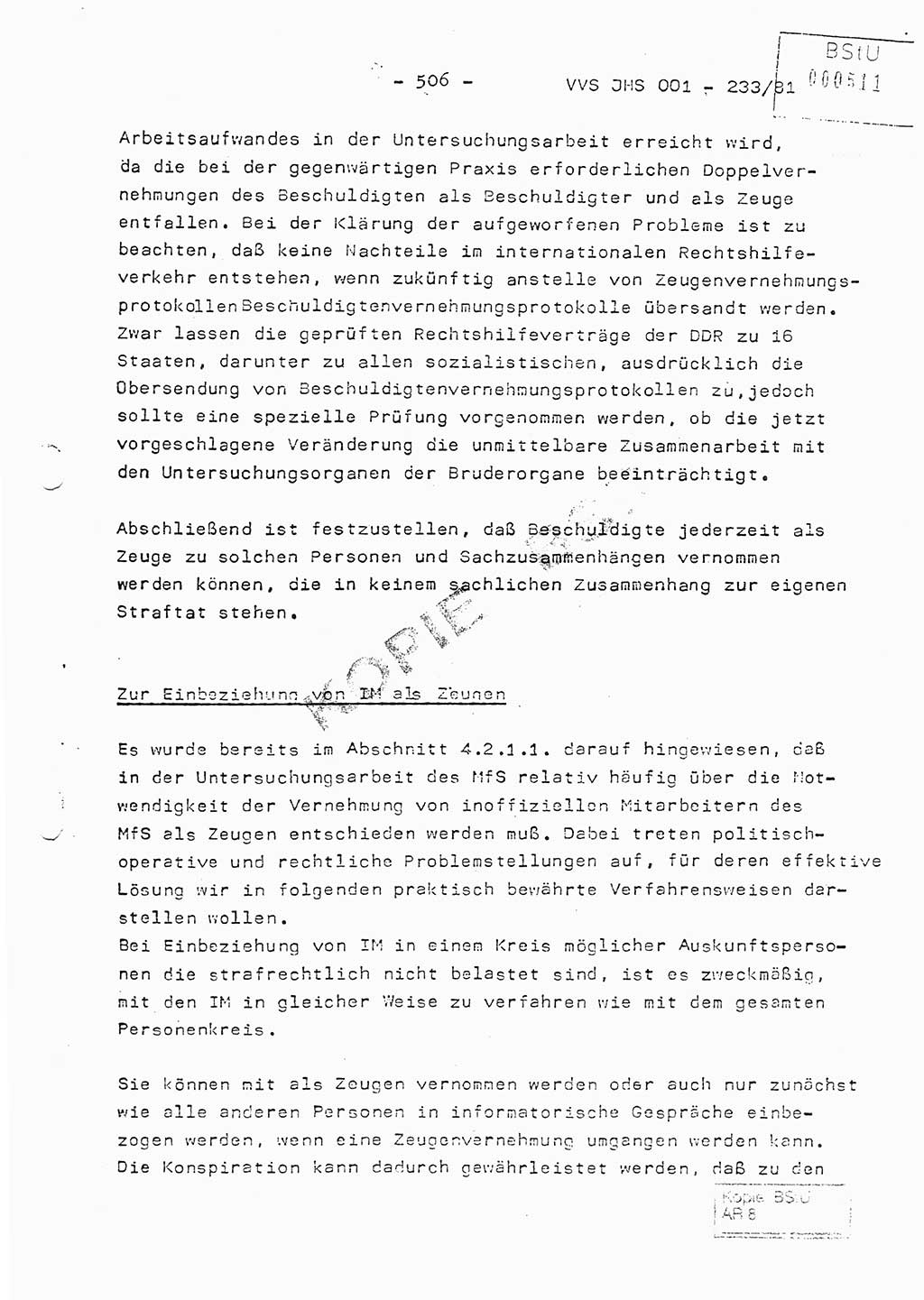 Dissertation Oberstleutnant Horst Zank (JHS), Oberstleutnant Dr. Karl-Heinz Knoblauch (JHS), Oberstleutnant Gustav-Adolf Kowalewski (HA Ⅸ), Oberstleutnant Wolfgang Plötner (HA Ⅸ), Ministerium für Staatssicherheit (MfS) [Deutsche Demokratische Republik (DDR)], Juristische Hochschule (JHS), Vertrauliche Verschlußsache (VVS) o001-233/81, Potsdam 1981, Blatt 506 (Diss. MfS DDR JHS VVS o001-233/81 1981, Bl. 506)