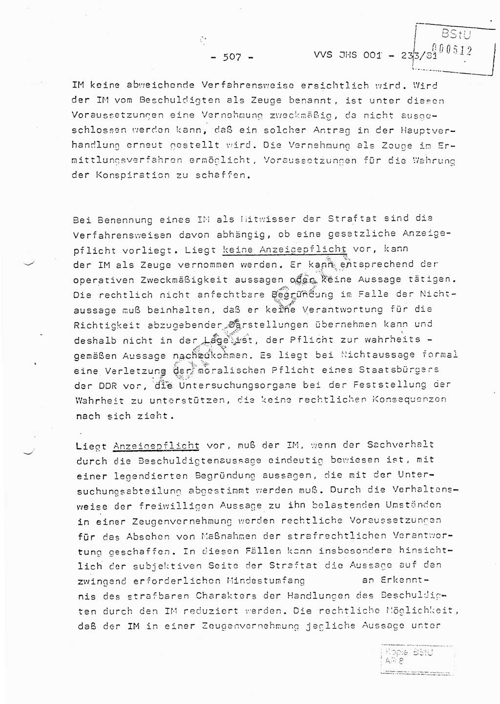 Dissertation Oberstleutnant Horst Zank (JHS), Oberstleutnant Dr. Karl-Heinz Knoblauch (JHS), Oberstleutnant Gustav-Adolf Kowalewski (HA Ⅸ), Oberstleutnant Wolfgang Plötner (HA Ⅸ), Ministerium für Staatssicherheit (MfS) [Deutsche Demokratische Republik (DDR)], Juristische Hochschule (JHS), Vertrauliche Verschlußsache (VVS) o001-233/81, Potsdam 1981, Blatt 507 (Diss. MfS DDR JHS VVS o001-233/81 1981, Bl. 507)