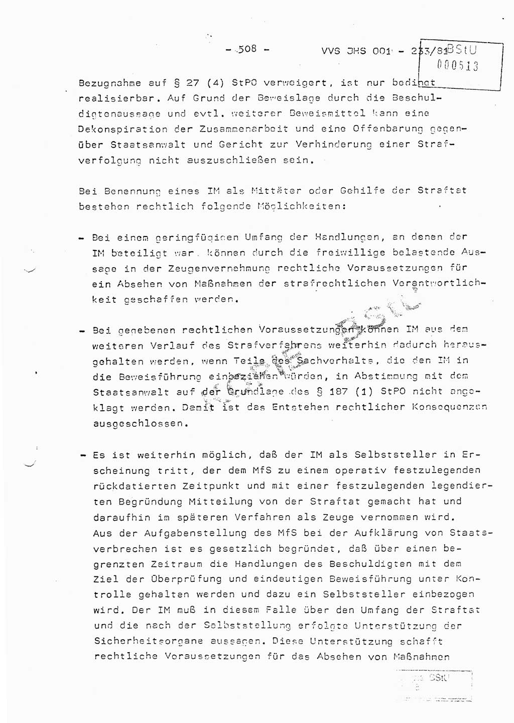 Dissertation Oberstleutnant Horst Zank (JHS), Oberstleutnant Dr. Karl-Heinz Knoblauch (JHS), Oberstleutnant Gustav-Adolf Kowalewski (HA Ⅸ), Oberstleutnant Wolfgang Plötner (HA Ⅸ), Ministerium für Staatssicherheit (MfS) [Deutsche Demokratische Republik (DDR)], Juristische Hochschule (JHS), Vertrauliche Verschlußsache (VVS) o001-233/81, Potsdam 1981, Blatt 508 (Diss. MfS DDR JHS VVS o001-233/81 1981, Bl. 508)