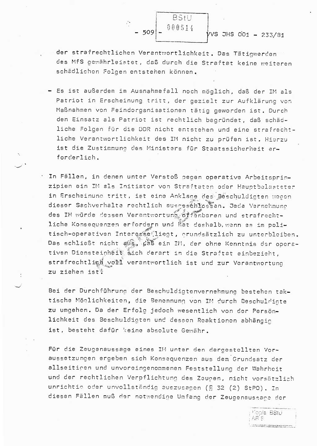 Dissertation Oberstleutnant Horst Zank (JHS), Oberstleutnant Dr. Karl-Heinz Knoblauch (JHS), Oberstleutnant Gustav-Adolf Kowalewski (HA Ⅸ), Oberstleutnant Wolfgang Plötner (HA Ⅸ), Ministerium für Staatssicherheit (MfS) [Deutsche Demokratische Republik (DDR)], Juristische Hochschule (JHS), Vertrauliche Verschlußsache (VVS) o001-233/81, Potsdam 1981, Blatt 509 (Diss. MfS DDR JHS VVS o001-233/81 1981, Bl. 509)