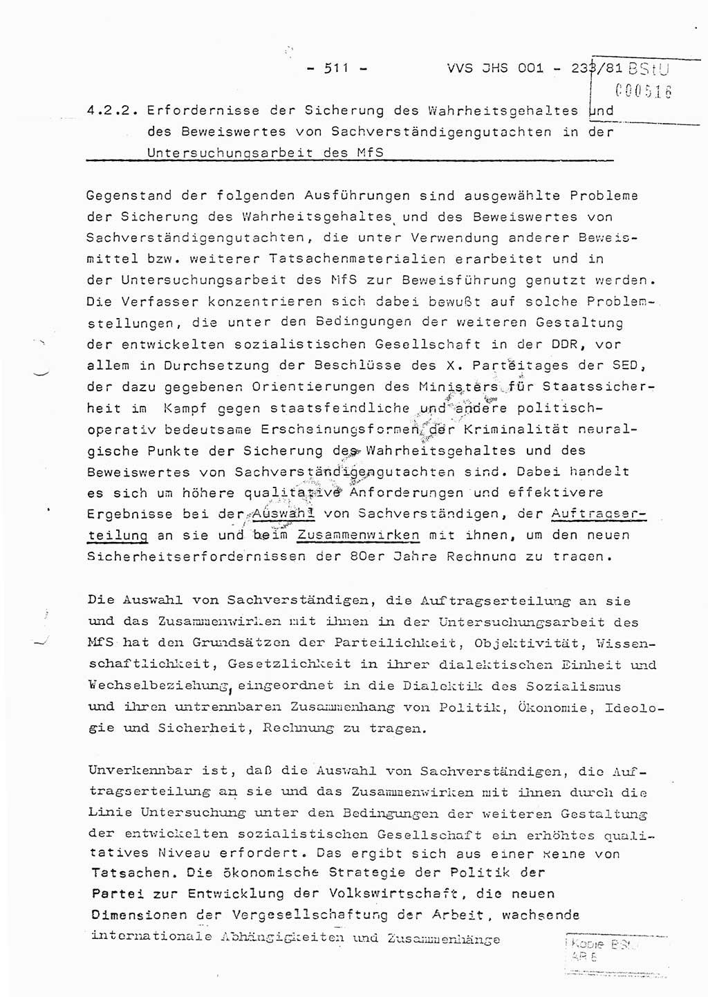 Dissertation Oberstleutnant Horst Zank (JHS), Oberstleutnant Dr. Karl-Heinz Knoblauch (JHS), Oberstleutnant Gustav-Adolf Kowalewski (HA Ⅸ), Oberstleutnant Wolfgang Plötner (HA Ⅸ), Ministerium für Staatssicherheit (MfS) [Deutsche Demokratische Republik (DDR)], Juristische Hochschule (JHS), Vertrauliche Verschlußsache (VVS) o001-233/81, Potsdam 1981, Blatt 511 (Diss. MfS DDR JHS VVS o001-233/81 1981, Bl. 511)