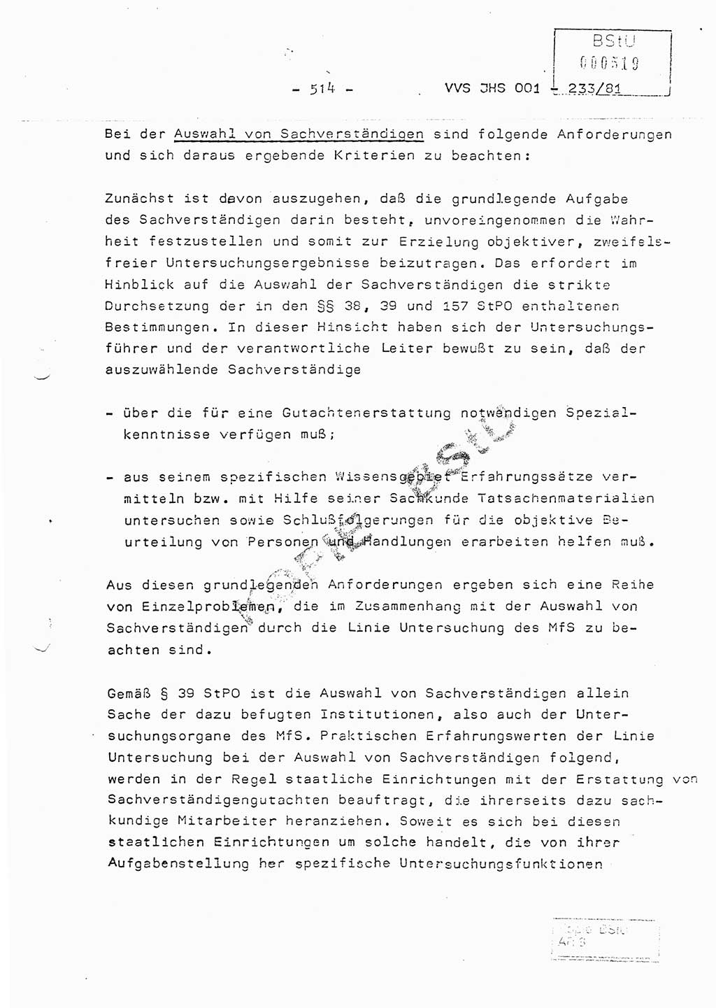 Dissertation Oberstleutnant Horst Zank (JHS), Oberstleutnant Dr. Karl-Heinz Knoblauch (JHS), Oberstleutnant Gustav-Adolf Kowalewski (HA Ⅸ), Oberstleutnant Wolfgang Plötner (HA Ⅸ), Ministerium für Staatssicherheit (MfS) [Deutsche Demokratische Republik (DDR)], Juristische Hochschule (JHS), Vertrauliche Verschlußsache (VVS) o001-233/81, Potsdam 1981, Blatt 514 (Diss. MfS DDR JHS VVS o001-233/81 1981, Bl. 514)