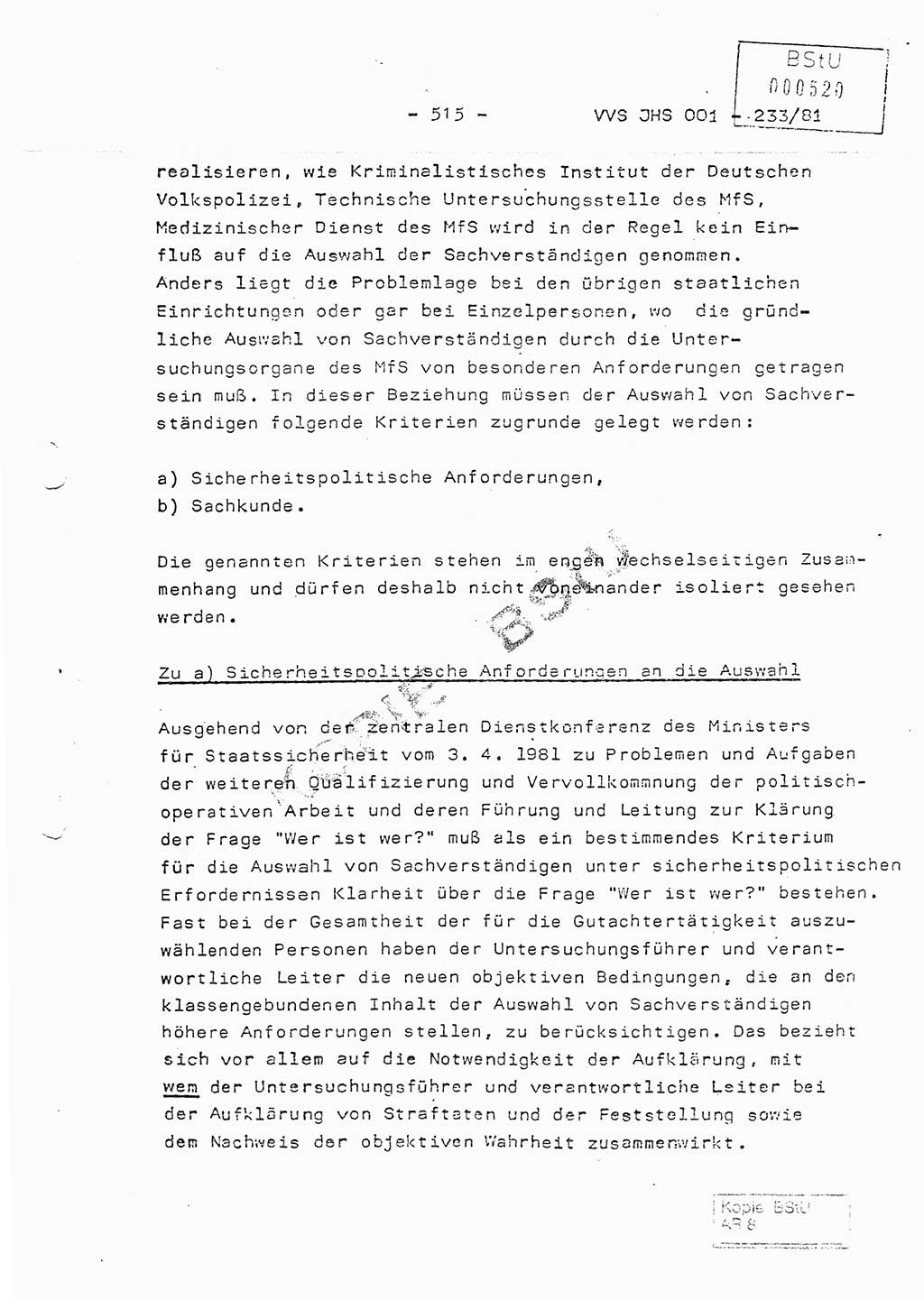 Dissertation Oberstleutnant Horst Zank (JHS), Oberstleutnant Dr. Karl-Heinz Knoblauch (JHS), Oberstleutnant Gustav-Adolf Kowalewski (HA Ⅸ), Oberstleutnant Wolfgang Plötner (HA Ⅸ), Ministerium für Staatssicherheit (MfS) [Deutsche Demokratische Republik (DDR)], Juristische Hochschule (JHS), Vertrauliche Verschlußsache (VVS) o001-233/81, Potsdam 1981, Blatt 515 (Diss. MfS DDR JHS VVS o001-233/81 1981, Bl. 515)