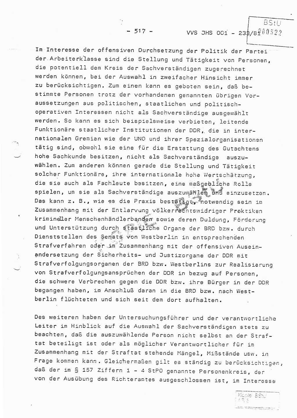 Dissertation Oberstleutnant Horst Zank (JHS), Oberstleutnant Dr. Karl-Heinz Knoblauch (JHS), Oberstleutnant Gustav-Adolf Kowalewski (HA Ⅸ), Oberstleutnant Wolfgang Plötner (HA Ⅸ), Ministerium für Staatssicherheit (MfS) [Deutsche Demokratische Republik (DDR)], Juristische Hochschule (JHS), Vertrauliche Verschlußsache (VVS) o001-233/81, Potsdam 1981, Blatt 517 (Diss. MfS DDR JHS VVS o001-233/81 1981, Bl. 517)