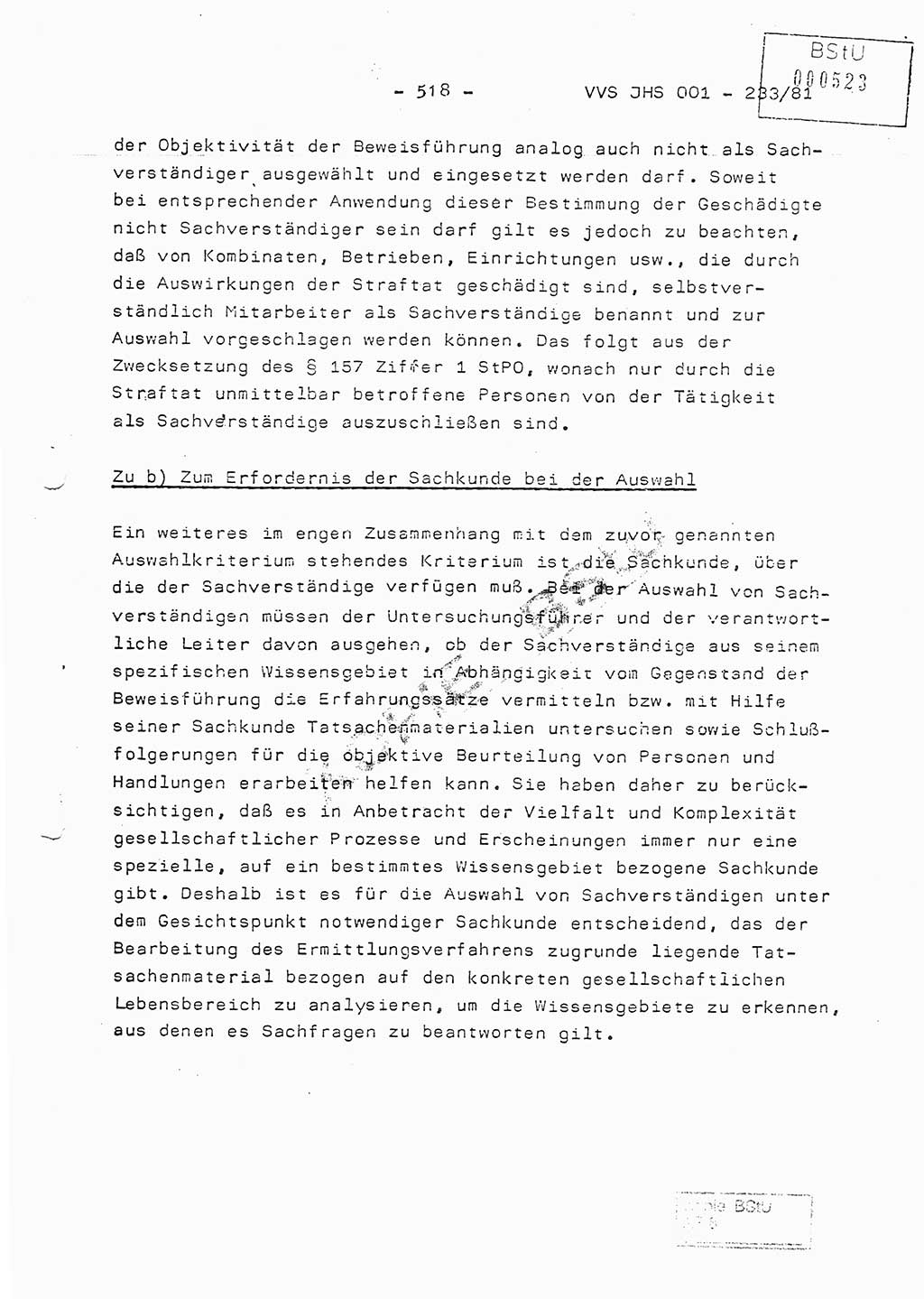 Dissertation Oberstleutnant Horst Zank (JHS), Oberstleutnant Dr. Karl-Heinz Knoblauch (JHS), Oberstleutnant Gustav-Adolf Kowalewski (HA Ⅸ), Oberstleutnant Wolfgang Plötner (HA Ⅸ), Ministerium für Staatssicherheit (MfS) [Deutsche Demokratische Republik (DDR)], Juristische Hochschule (JHS), Vertrauliche Verschlußsache (VVS) o001-233/81, Potsdam 1981, Blatt 518 (Diss. MfS DDR JHS VVS o001-233/81 1981, Bl. 518)