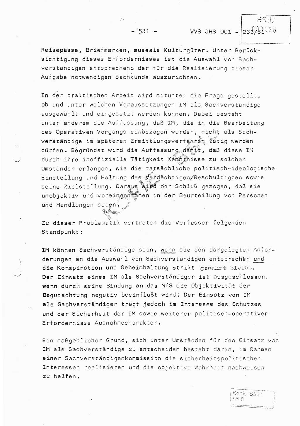 Dissertation Oberstleutnant Horst Zank (JHS), Oberstleutnant Dr. Karl-Heinz Knoblauch (JHS), Oberstleutnant Gustav-Adolf Kowalewski (HA Ⅸ), Oberstleutnant Wolfgang Plötner (HA Ⅸ), Ministerium für Staatssicherheit (MfS) [Deutsche Demokratische Republik (DDR)], Juristische Hochschule (JHS), Vertrauliche Verschlußsache (VVS) o001-233/81, Potsdam 1981, Blatt 521 (Diss. MfS DDR JHS VVS o001-233/81 1981, Bl. 521)