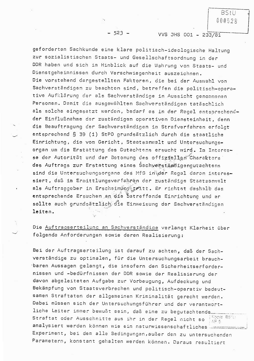 Dissertation Oberstleutnant Horst Zank (JHS), Oberstleutnant Dr. Karl-Heinz Knoblauch (JHS), Oberstleutnant Gustav-Adolf Kowalewski (HA Ⅸ), Oberstleutnant Wolfgang Plötner (HA Ⅸ), Ministerium für Staatssicherheit (MfS) [Deutsche Demokratische Republik (DDR)], Juristische Hochschule (JHS), Vertrauliche Verschlußsache (VVS) o001-233/81, Potsdam 1981, Blatt 523 (Diss. MfS DDR JHS VVS o001-233/81 1981, Bl. 523)