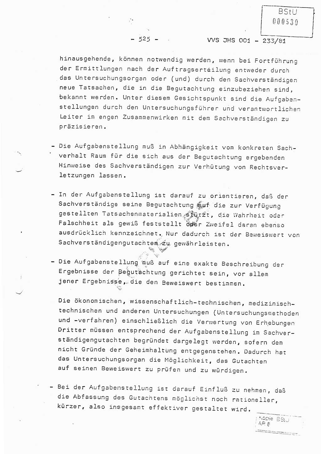 Dissertation Oberstleutnant Horst Zank (JHS), Oberstleutnant Dr. Karl-Heinz Knoblauch (JHS), Oberstleutnant Gustav-Adolf Kowalewski (HA Ⅸ), Oberstleutnant Wolfgang Plötner (HA Ⅸ), Ministerium für Staatssicherheit (MfS) [Deutsche Demokratische Republik (DDR)], Juristische Hochschule (JHS), Vertrauliche Verschlußsache (VVS) o001-233/81, Potsdam 1981, Blatt 525 (Diss. MfS DDR JHS VVS o001-233/81 1981, Bl. 525)