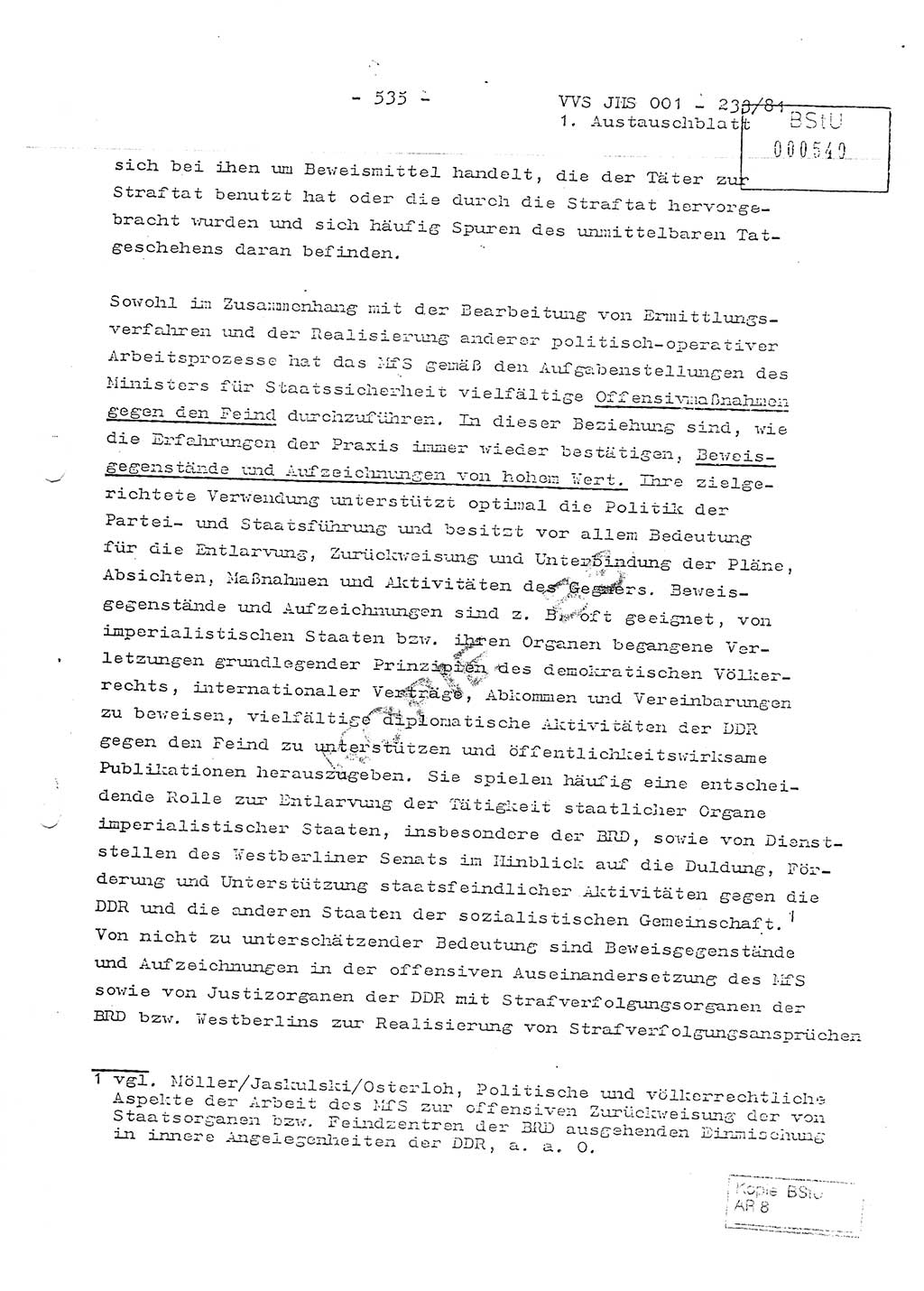 Dissertation Oberstleutnant Horst Zank (JHS), Oberstleutnant Dr. Karl-Heinz Knoblauch (JHS), Oberstleutnant Gustav-Adolf Kowalewski (HA Ⅸ), Oberstleutnant Wolfgang Plötner (HA Ⅸ), Ministerium für Staatssicherheit (MfS) [Deutsche Demokratische Republik (DDR)], Juristische Hochschule (JHS), Vertrauliche Verschlußsache (VVS) o001-233/81, Potsdam 1981, Blatt 535 (Diss. MfS DDR JHS VVS o001-233/81 1981, Bl. 535)