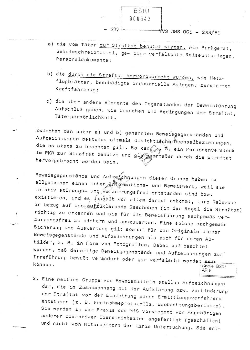 Dissertation Oberstleutnant Horst Zank (JHS), Oberstleutnant Dr. Karl-Heinz Knoblauch (JHS), Oberstleutnant Gustav-Adolf Kowalewski (HA Ⅸ), Oberstleutnant Wolfgang Plötner (HA Ⅸ), Ministerium für Staatssicherheit (MfS) [Deutsche Demokratische Republik (DDR)], Juristische Hochschule (JHS), Vertrauliche Verschlußsache (VVS) o001-233/81, Potsdam 1981, Blatt 537 (Diss. MfS DDR JHS VVS o001-233/81 1981, Bl. 537)