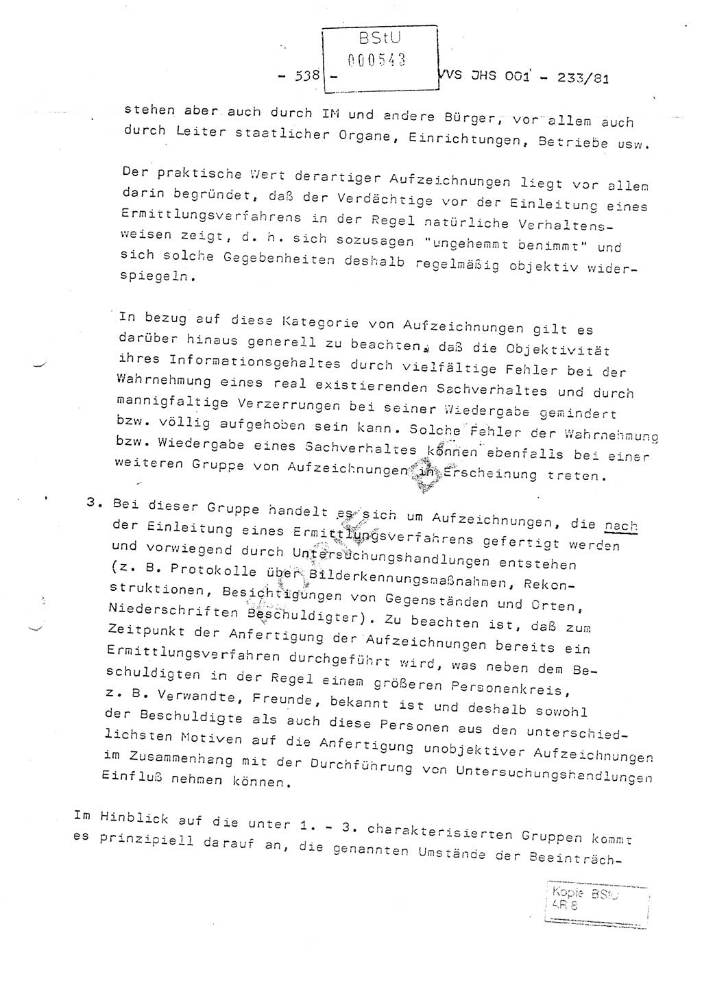 Dissertation Oberstleutnant Horst Zank (JHS), Oberstleutnant Dr. Karl-Heinz Knoblauch (JHS), Oberstleutnant Gustav-Adolf Kowalewski (HA Ⅸ), Oberstleutnant Wolfgang Plötner (HA Ⅸ), Ministerium für Staatssicherheit (MfS) [Deutsche Demokratische Republik (DDR)], Juristische Hochschule (JHS), Vertrauliche Verschlußsache (VVS) o001-233/81, Potsdam 1981, Blatt 538 (Diss. MfS DDR JHS VVS o001-233/81 1981, Bl. 538)