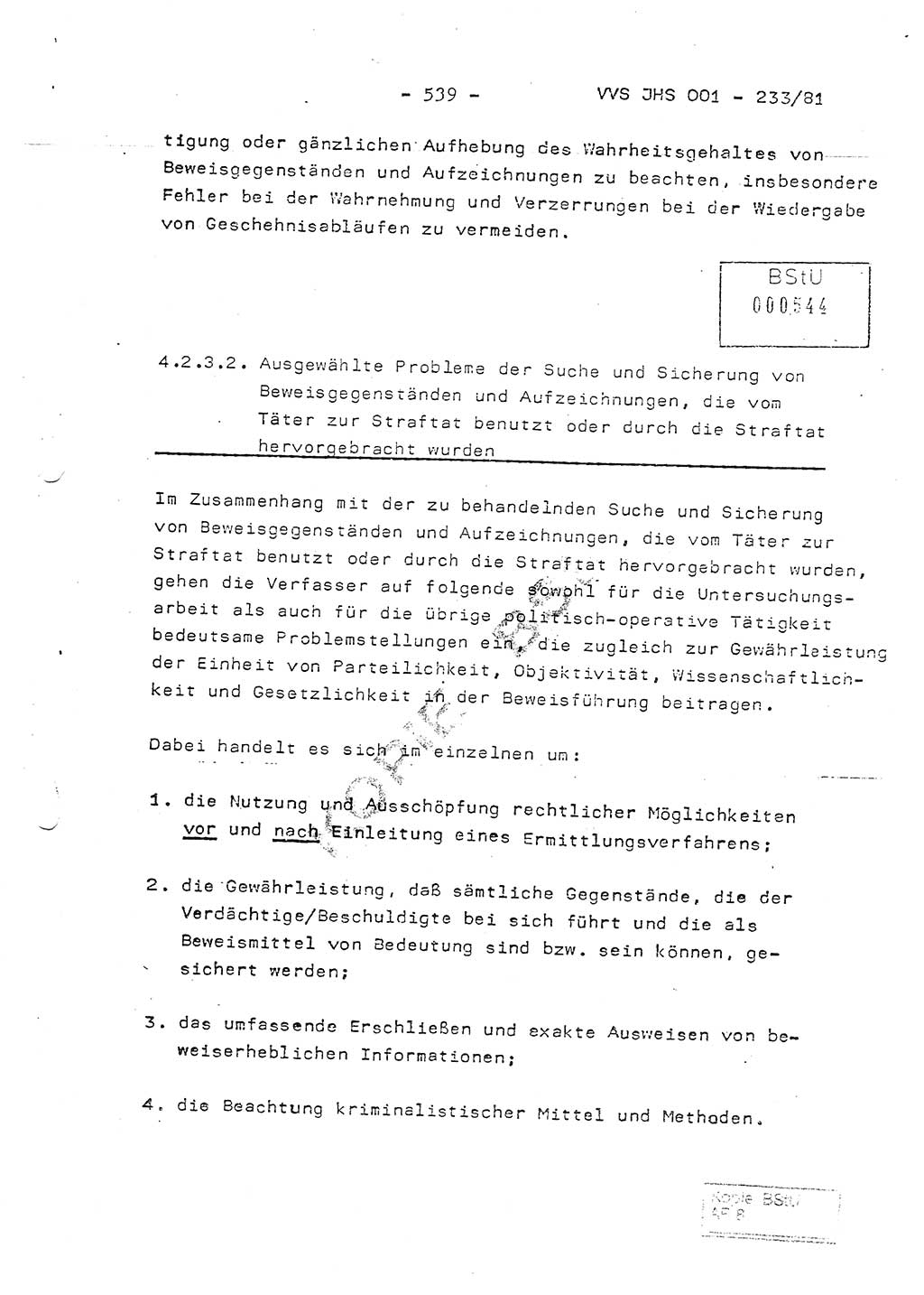 Dissertation Oberstleutnant Horst Zank (JHS), Oberstleutnant Dr. Karl-Heinz Knoblauch (JHS), Oberstleutnant Gustav-Adolf Kowalewski (HA Ⅸ), Oberstleutnant Wolfgang Plötner (HA Ⅸ), Ministerium für Staatssicherheit (MfS) [Deutsche Demokratische Republik (DDR)], Juristische Hochschule (JHS), Vertrauliche Verschlußsache (VVS) o001-233/81, Potsdam 1981, Blatt 539 (Diss. MfS DDR JHS VVS o001-233/81 1981, Bl. 539)