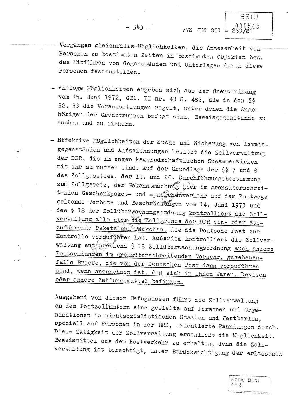 Dissertation Oberstleutnant Horst Zank (JHS), Oberstleutnant Dr. Karl-Heinz Knoblauch (JHS), Oberstleutnant Gustav-Adolf Kowalewski (HA Ⅸ), Oberstleutnant Wolfgang Plötner (HA Ⅸ), Ministerium für Staatssicherheit (MfS) [Deutsche Demokratische Republik (DDR)], Juristische Hochschule (JHS), Vertrauliche Verschlußsache (VVS) o001-233/81, Potsdam 1981, Blatt 543 (Diss. MfS DDR JHS VVS o001-233/81 1981, Bl. 543)