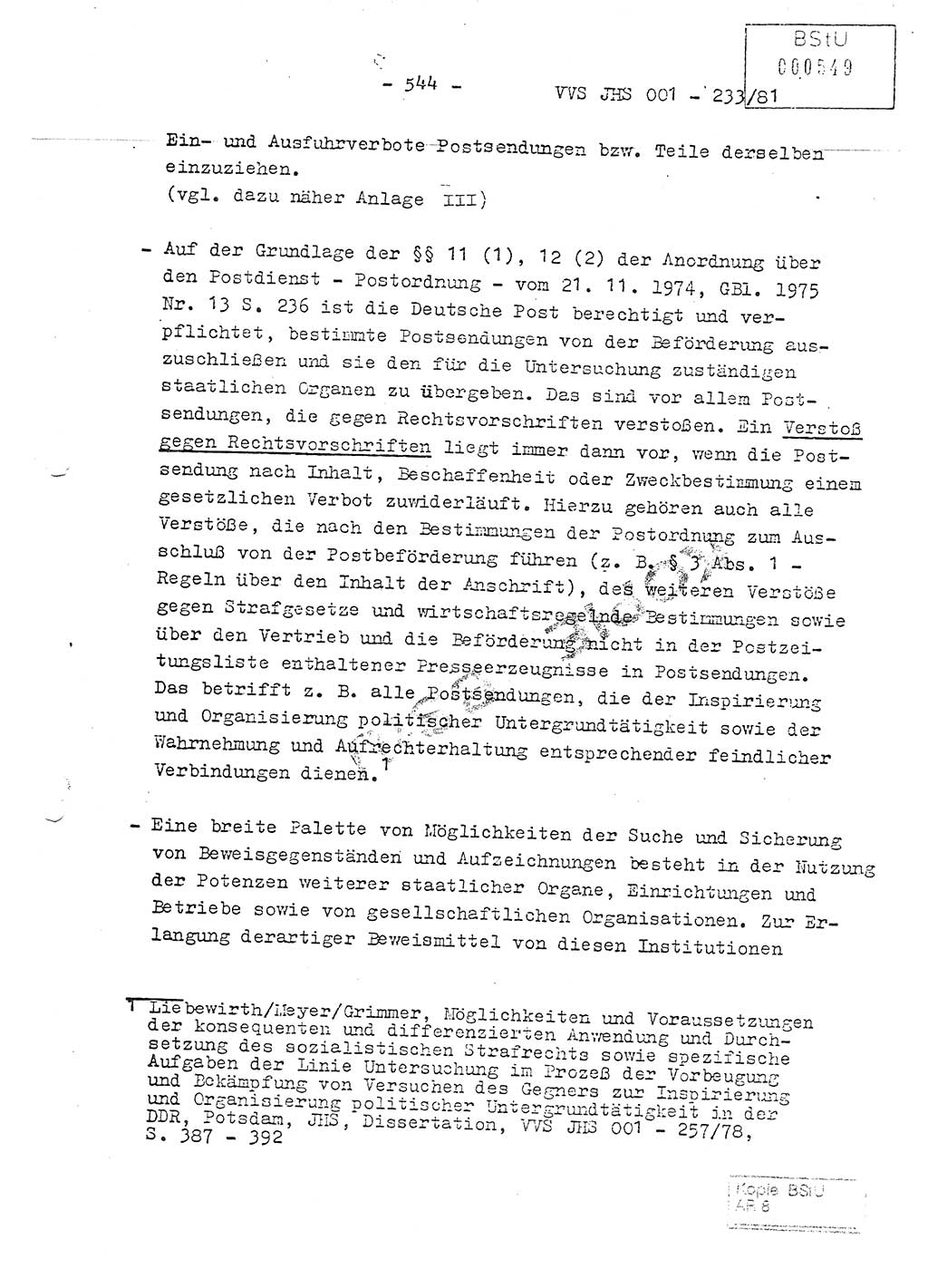 Dissertation Oberstleutnant Horst Zank (JHS), Oberstleutnant Dr. Karl-Heinz Knoblauch (JHS), Oberstleutnant Gustav-Adolf Kowalewski (HA Ⅸ), Oberstleutnant Wolfgang Plötner (HA Ⅸ), Ministerium für Staatssicherheit (MfS) [Deutsche Demokratische Republik (DDR)], Juristische Hochschule (JHS), Vertrauliche Verschlußsache (VVS) o001-233/81, Potsdam 1981, Blatt 544 (Diss. MfS DDR JHS VVS o001-233/81 1981, Bl. 544)