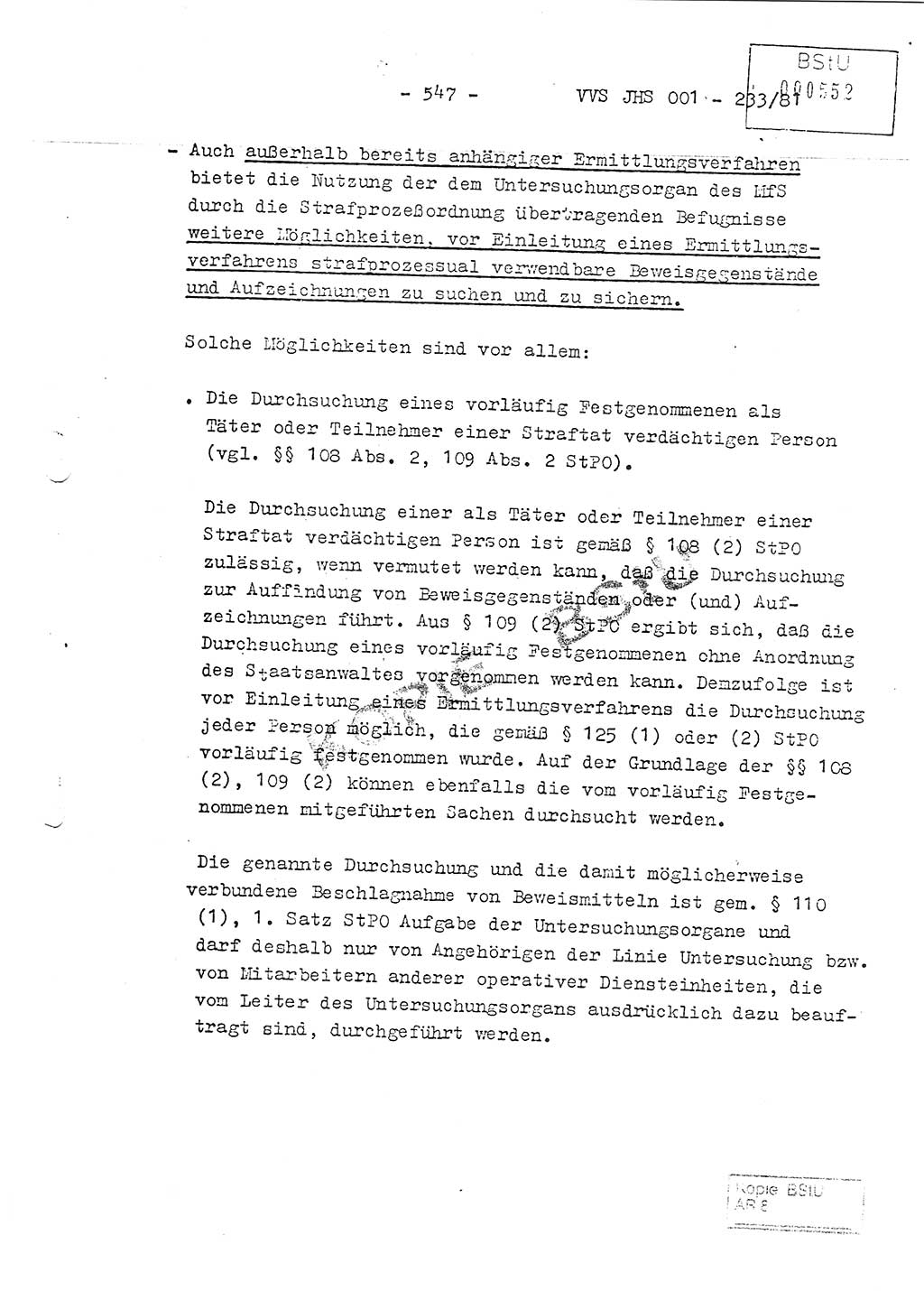 Dissertation Oberstleutnant Horst Zank (JHS), Oberstleutnant Dr. Karl-Heinz Knoblauch (JHS), Oberstleutnant Gustav-Adolf Kowalewski (HA Ⅸ), Oberstleutnant Wolfgang Plötner (HA Ⅸ), Ministerium für Staatssicherheit (MfS) [Deutsche Demokratische Republik (DDR)], Juristische Hochschule (JHS), Vertrauliche Verschlußsache (VVS) o001-233/81, Potsdam 1981, Blatt 547 (Diss. MfS DDR JHS VVS o001-233/81 1981, Bl. 547)