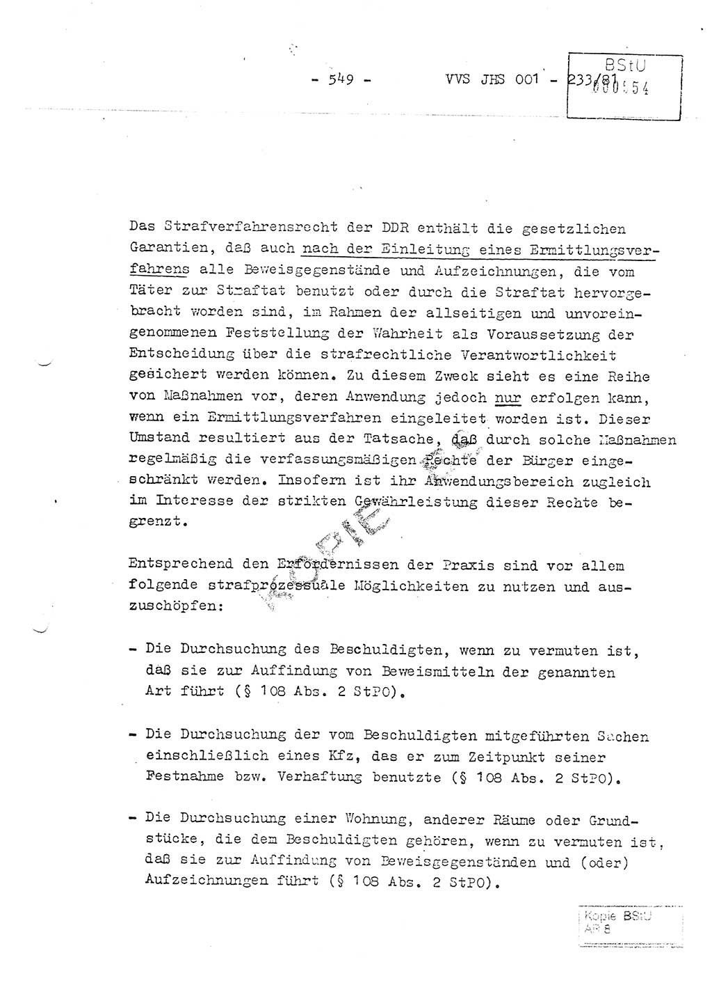 Dissertation Oberstleutnant Horst Zank (JHS), Oberstleutnant Dr. Karl-Heinz Knoblauch (JHS), Oberstleutnant Gustav-Adolf Kowalewski (HA Ⅸ), Oberstleutnant Wolfgang Plötner (HA Ⅸ), Ministerium für Staatssicherheit (MfS) [Deutsche Demokratische Republik (DDR)], Juristische Hochschule (JHS), Vertrauliche Verschlußsache (VVS) o001-233/81, Potsdam 1981, Blatt 549 (Diss. MfS DDR JHS VVS o001-233/81 1981, Bl. 549)