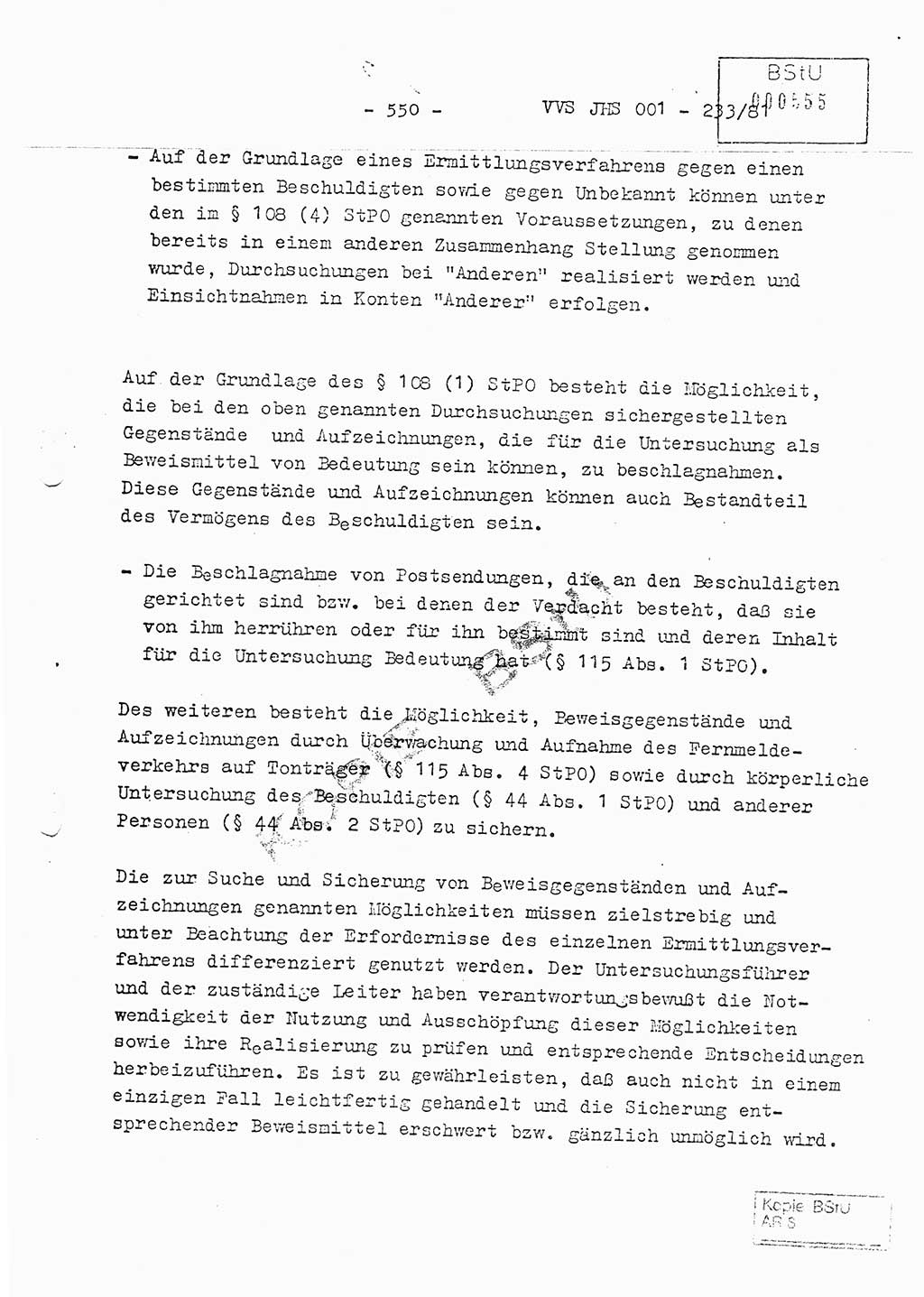 Dissertation Oberstleutnant Horst Zank (JHS), Oberstleutnant Dr. Karl-Heinz Knoblauch (JHS), Oberstleutnant Gustav-Adolf Kowalewski (HA Ⅸ), Oberstleutnant Wolfgang Plötner (HA Ⅸ), Ministerium für Staatssicherheit (MfS) [Deutsche Demokratische Republik (DDR)], Juristische Hochschule (JHS), Vertrauliche Verschlußsache (VVS) o001-233/81, Potsdam 1981, Blatt 550 (Diss. MfS DDR JHS VVS o001-233/81 1981, Bl. 550)