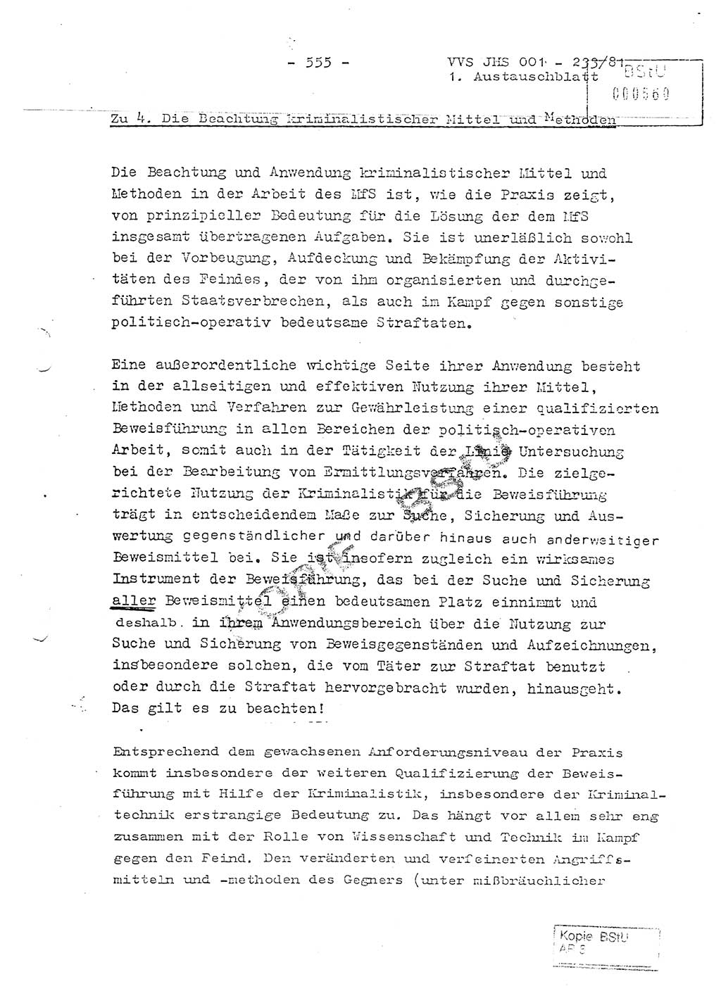 Dissertation Oberstleutnant Horst Zank (JHS), Oberstleutnant Dr. Karl-Heinz Knoblauch (JHS), Oberstleutnant Gustav-Adolf Kowalewski (HA Ⅸ), Oberstleutnant Wolfgang Plötner (HA Ⅸ), Ministerium für Staatssicherheit (MfS) [Deutsche Demokratische Republik (DDR)], Juristische Hochschule (JHS), Vertrauliche Verschlußsache (VVS) o001-233/81, Potsdam 1981, Blatt 555 (Diss. MfS DDR JHS VVS o001-233/81 1981, Bl. 555)