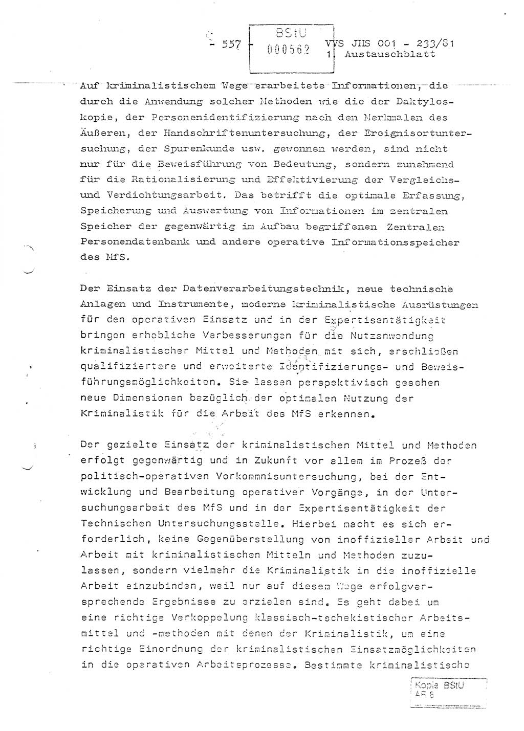 Dissertation Oberstleutnant Horst Zank (JHS), Oberstleutnant Dr. Karl-Heinz Knoblauch (JHS), Oberstleutnant Gustav-Adolf Kowalewski (HA Ⅸ), Oberstleutnant Wolfgang Plötner (HA Ⅸ), Ministerium für Staatssicherheit (MfS) [Deutsche Demokratische Republik (DDR)], Juristische Hochschule (JHS), Vertrauliche Verschlußsache (VVS) o001-233/81, Potsdam 1981, Blatt 557 (Diss. MfS DDR JHS VVS o001-233/81 1981, Bl. 557)