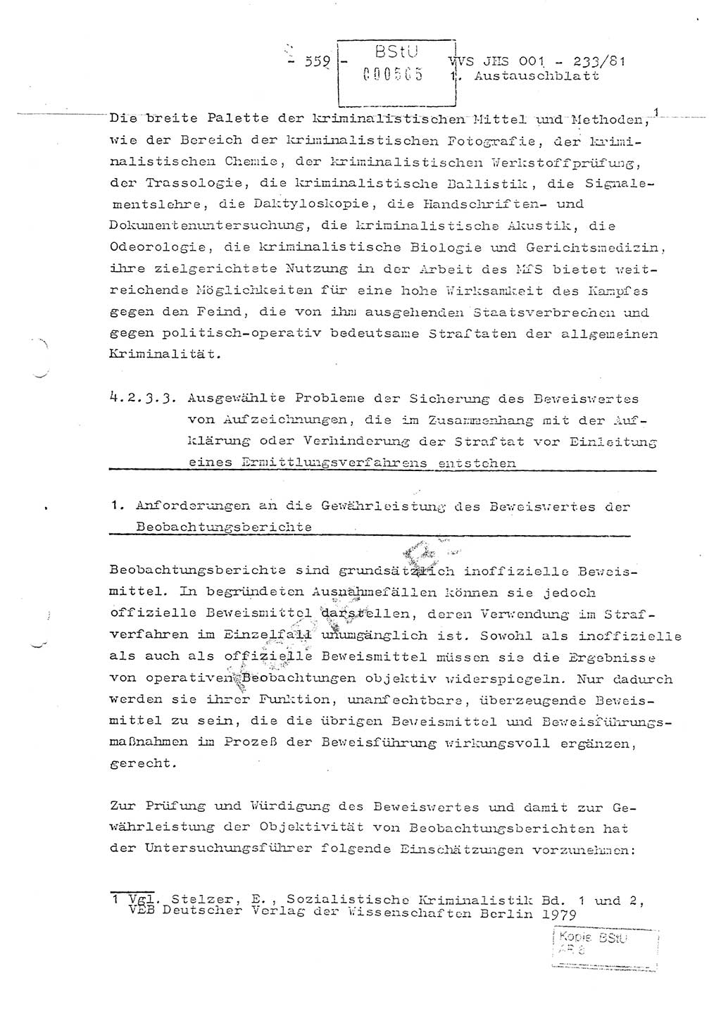 Dissertation Oberstleutnant Horst Zank (JHS), Oberstleutnant Dr. Karl-Heinz Knoblauch (JHS), Oberstleutnant Gustav-Adolf Kowalewski (HA Ⅸ), Oberstleutnant Wolfgang Plötner (HA Ⅸ), Ministerium für Staatssicherheit (MfS) [Deutsche Demokratische Republik (DDR)], Juristische Hochschule (JHS), Vertrauliche Verschlußsache (VVS) o001-233/81, Potsdam 1981, Blatt 559 (Diss. MfS DDR JHS VVS o001-233/81 1981, Bl. 559)