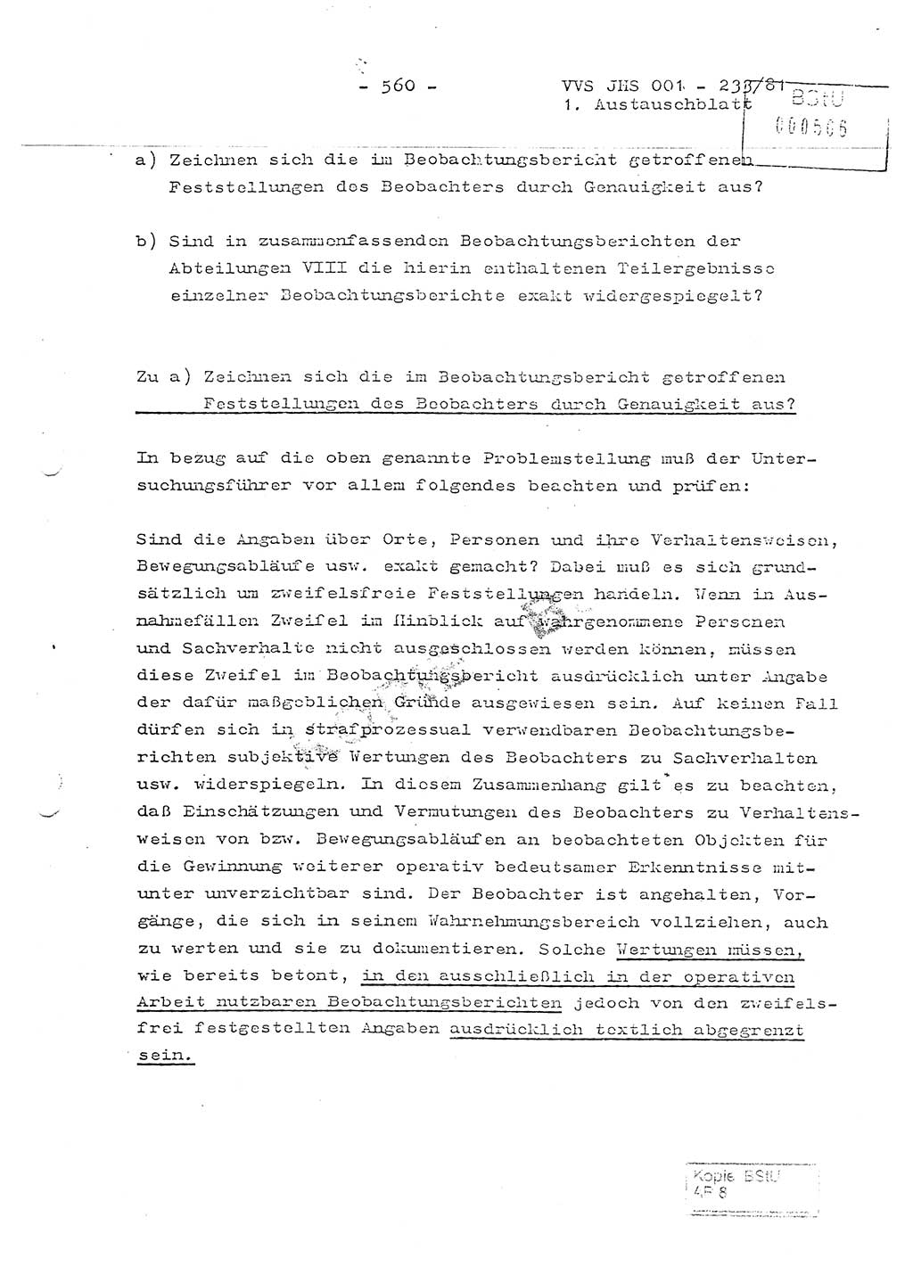 Dissertation Oberstleutnant Horst Zank (JHS), Oberstleutnant Dr. Karl-Heinz Knoblauch (JHS), Oberstleutnant Gustav-Adolf Kowalewski (HA Ⅸ), Oberstleutnant Wolfgang Plötner (HA Ⅸ), Ministerium für Staatssicherheit (MfS) [Deutsche Demokratische Republik (DDR)], Juristische Hochschule (JHS), Vertrauliche Verschlußsache (VVS) o001-233/81, Potsdam 1981, Blatt 560 (Diss. MfS DDR JHS VVS o001-233/81 1981, Bl. 560)