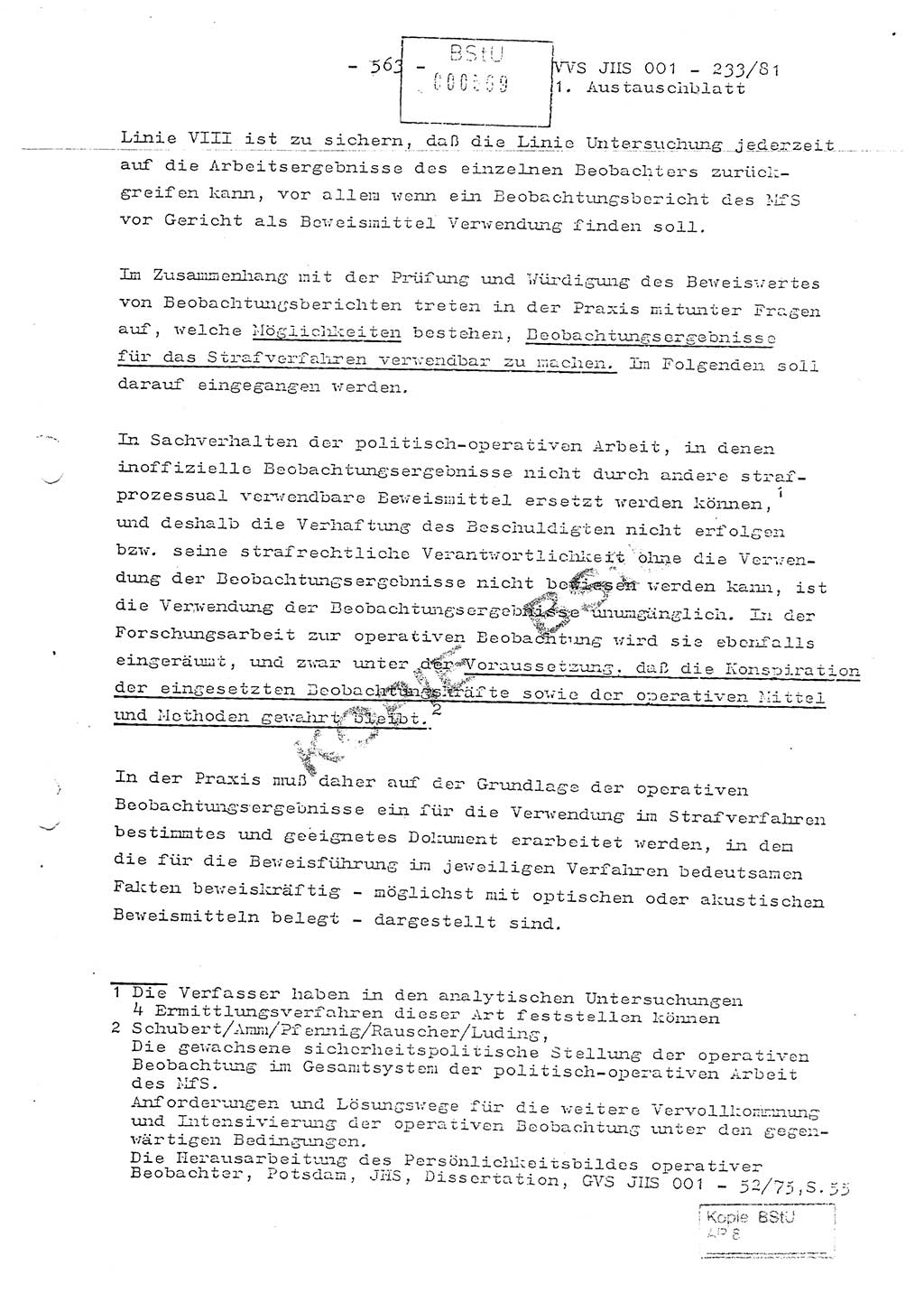 Dissertation Oberstleutnant Horst Zank (JHS), Oberstleutnant Dr. Karl-Heinz Knoblauch (JHS), Oberstleutnant Gustav-Adolf Kowalewski (HA Ⅸ), Oberstleutnant Wolfgang Plötner (HA Ⅸ), Ministerium für Staatssicherheit (MfS) [Deutsche Demokratische Republik (DDR)], Juristische Hochschule (JHS), Vertrauliche Verschlußsache (VVS) o001-233/81, Potsdam 1981, Blatt 563 (Diss. MfS DDR JHS VVS o001-233/81 1981, Bl. 563)