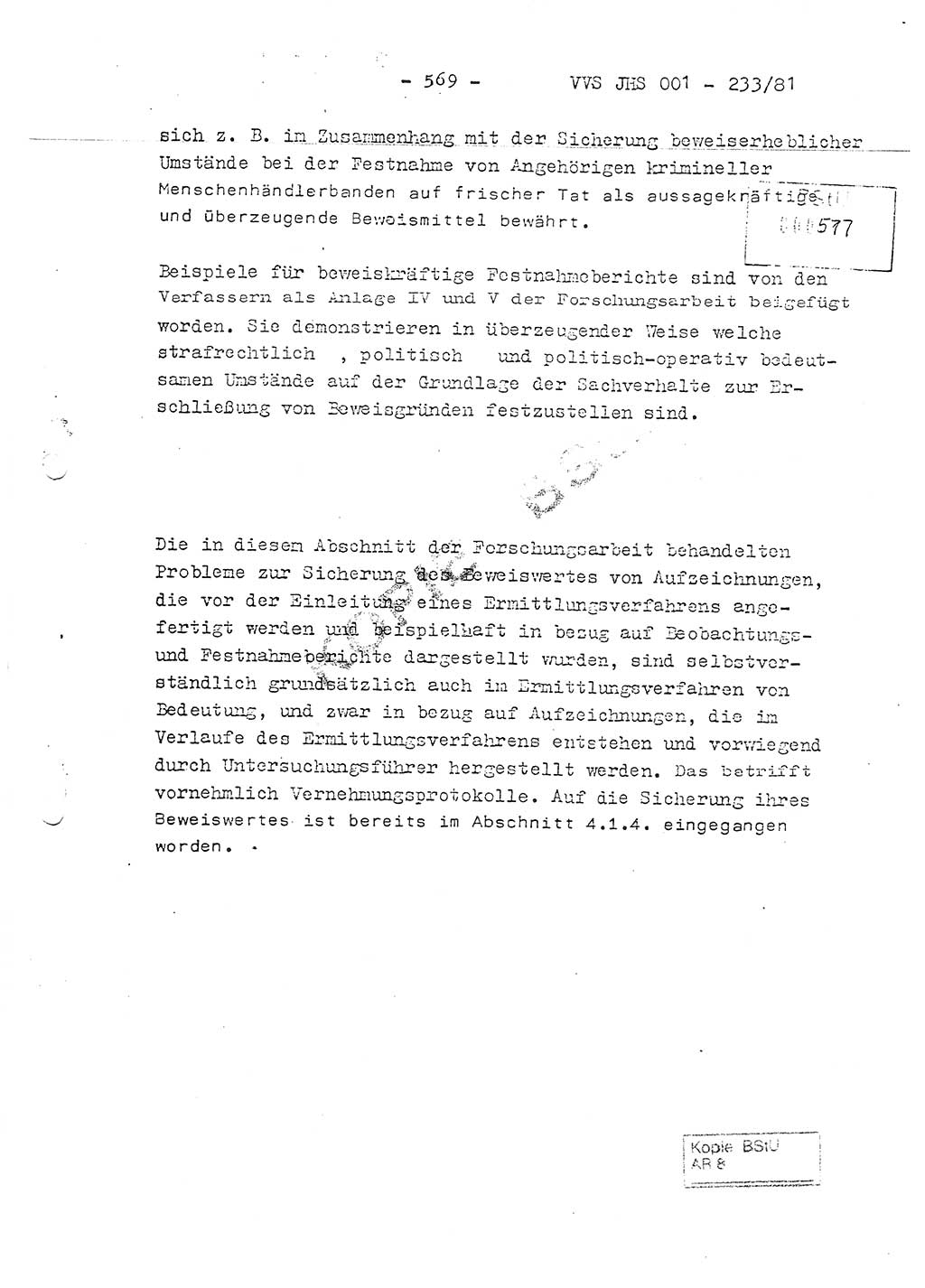 Dissertation Oberstleutnant Horst Zank (JHS), Oberstleutnant Dr. Karl-Heinz Knoblauch (JHS), Oberstleutnant Gustav-Adolf Kowalewski (HA Ⅸ), Oberstleutnant Wolfgang Plötner (HA Ⅸ), Ministerium für Staatssicherheit (MfS) [Deutsche Demokratische Republik (DDR)], Juristische Hochschule (JHS), Vertrauliche Verschlußsache (VVS) o001-233/81, Potsdam 1981, Blatt 569 (Diss. MfS DDR JHS VVS o001-233/81 1981, Bl. 569)