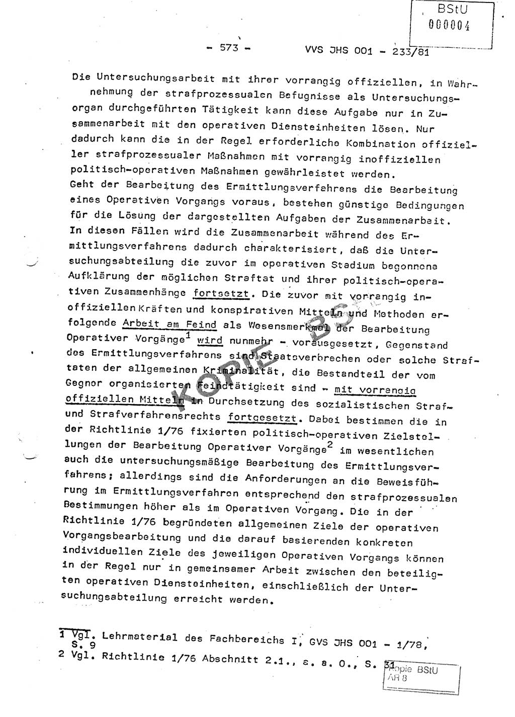 Dissertation Oberstleutnant Horst Zank (JHS), Oberstleutnant Dr. Karl-Heinz Knoblauch (JHS), Oberstleutnant Gustav-Adolf Kowalewski (HA Ⅸ), Oberstleutnant Wolfgang Plötner (HA Ⅸ), Ministerium für Staatssicherheit (MfS) [Deutsche Demokratische Republik (DDR)], Juristische Hochschule (JHS), Vertrauliche Verschlußsache (VVS) o001-233/81, Potsdam 1981, Blatt 573 (Diss. MfS DDR JHS VVS o001-233/81 1981, Bl. 573)