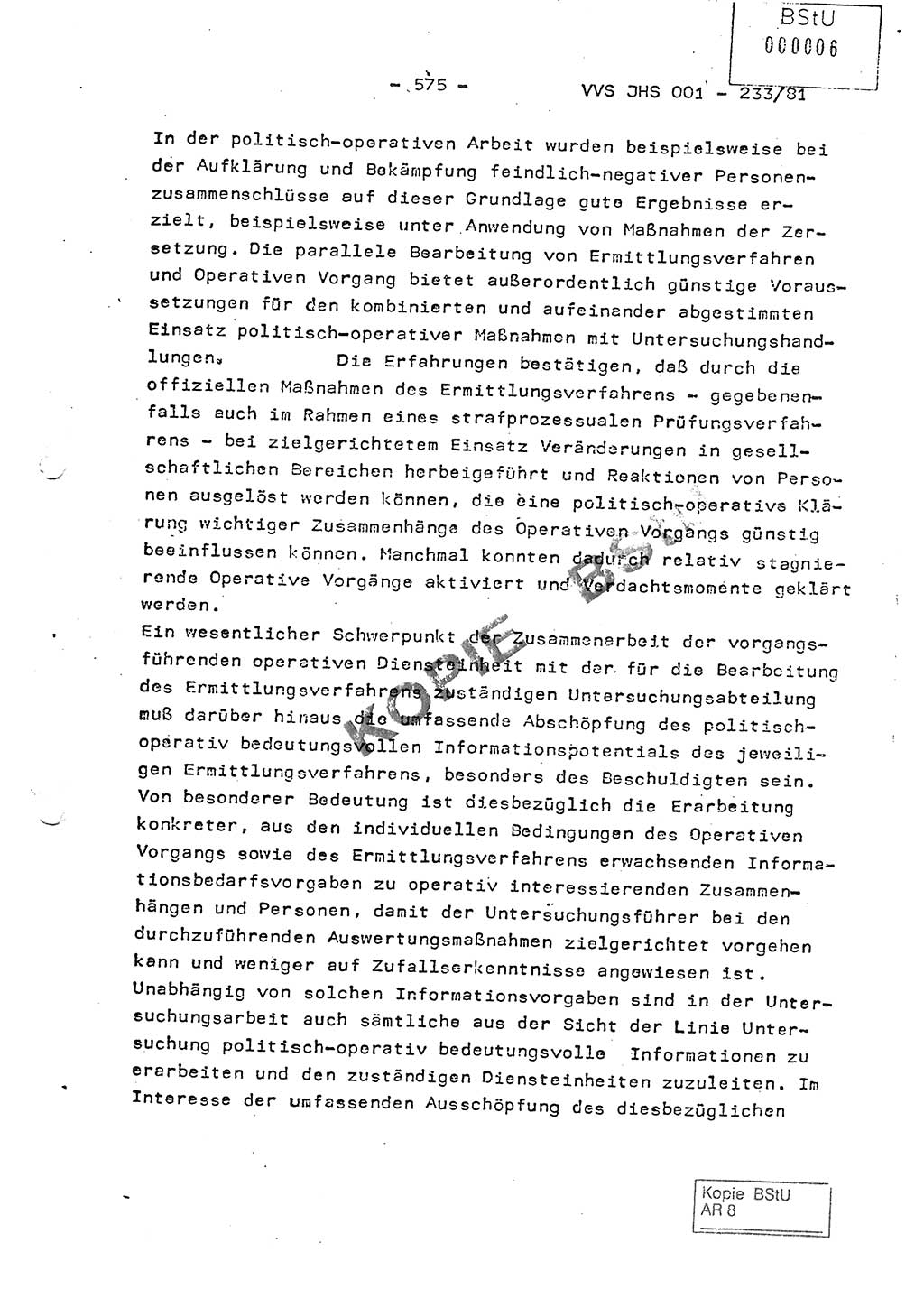 Dissertation Oberstleutnant Horst Zank (JHS), Oberstleutnant Dr. Karl-Heinz Knoblauch (JHS), Oberstleutnant Gustav-Adolf Kowalewski (HA Ⅸ), Oberstleutnant Wolfgang Plötner (HA Ⅸ), Ministerium für Staatssicherheit (MfS) [Deutsche Demokratische Republik (DDR)], Juristische Hochschule (JHS), Vertrauliche Verschlußsache (VVS) o001-233/81, Potsdam 1981, Blatt 575 (Diss. MfS DDR JHS VVS o001-233/81 1981, Bl. 575)